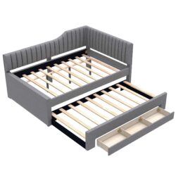 Full Size Upholstered Daybed With Trundle And 3 Drawers - Gray