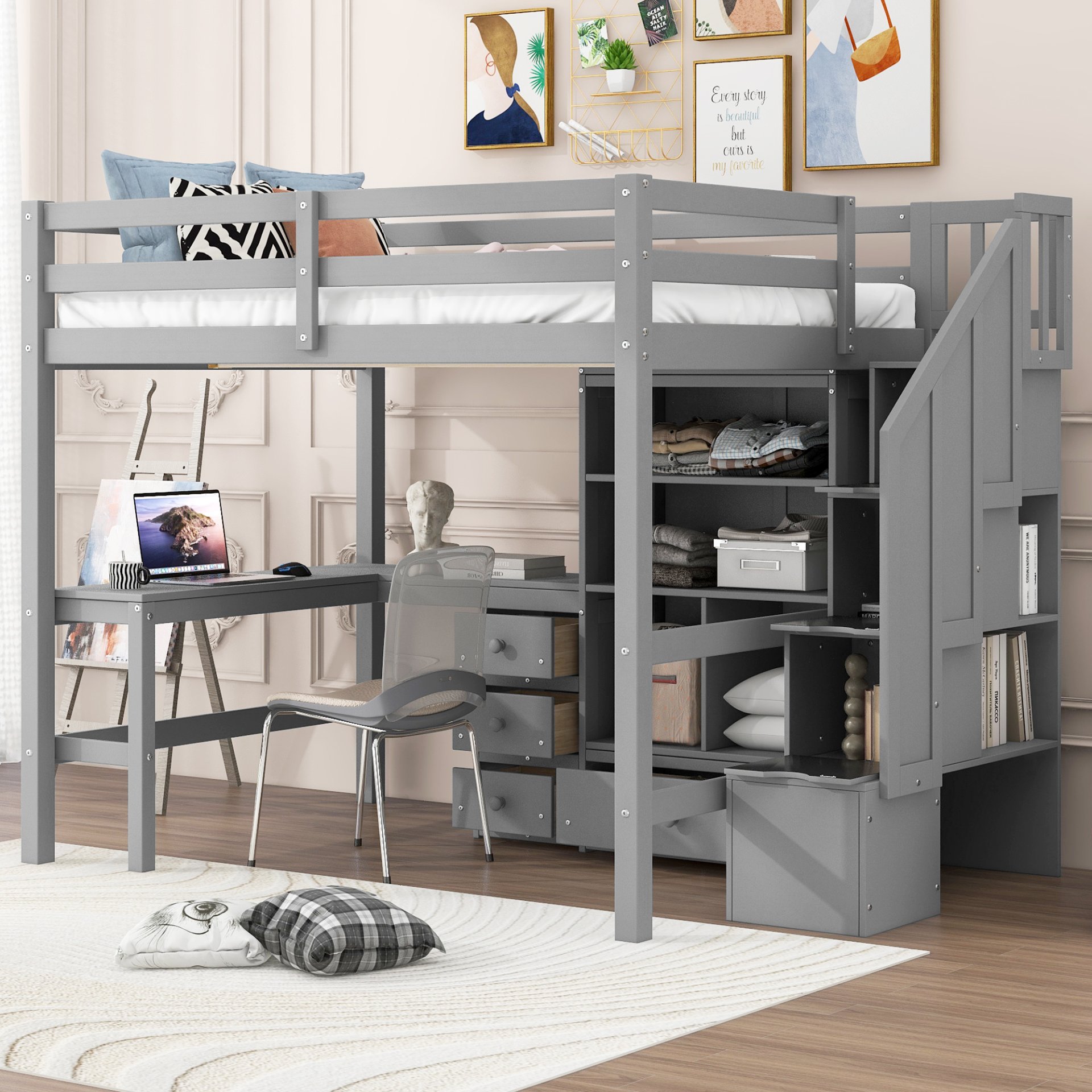Full Size Loft Bed With L-Shaped Desk, Drawers, Cabinet, And Storage Staircase - Gray - Image 2