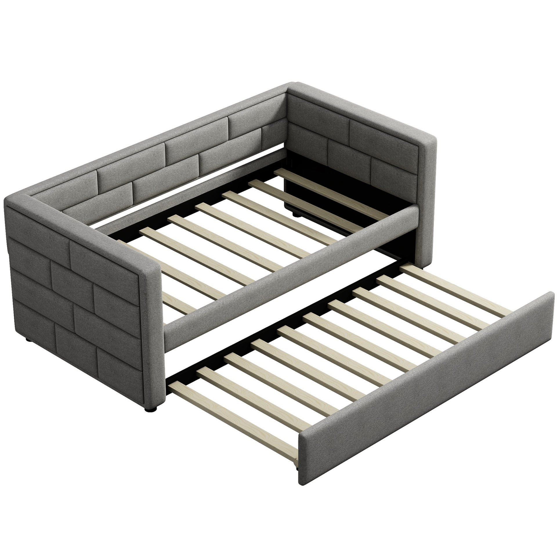 Upholstered Twin Size Daybed With Trundle, Padded Back And Sides - Gray - Image 6