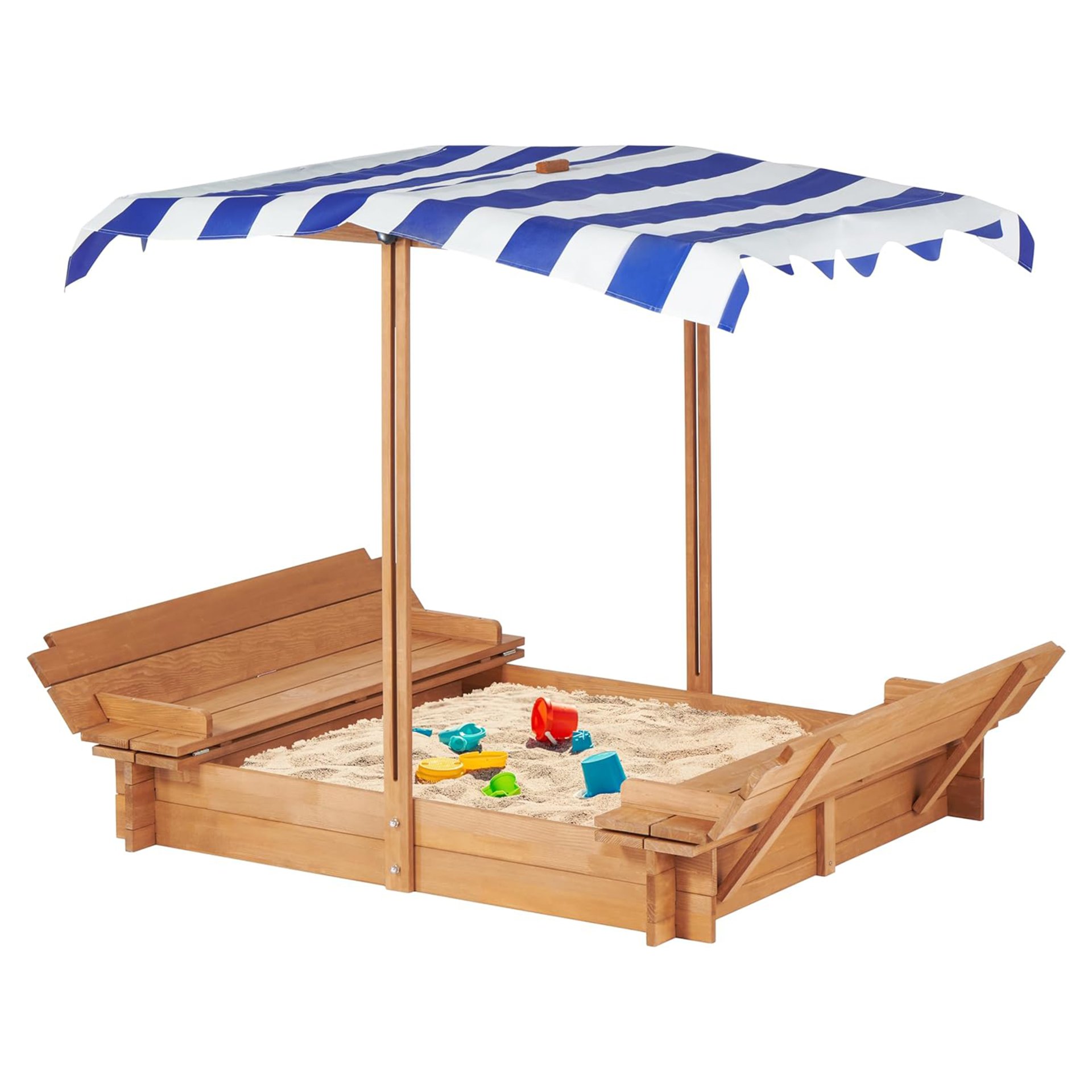 Kids Sandbox With Adjustable Cover, Sand Box With 2 Foldable Bench Seats, Outdoor Sandpit For Backyard Play - Light Brown - Image 8