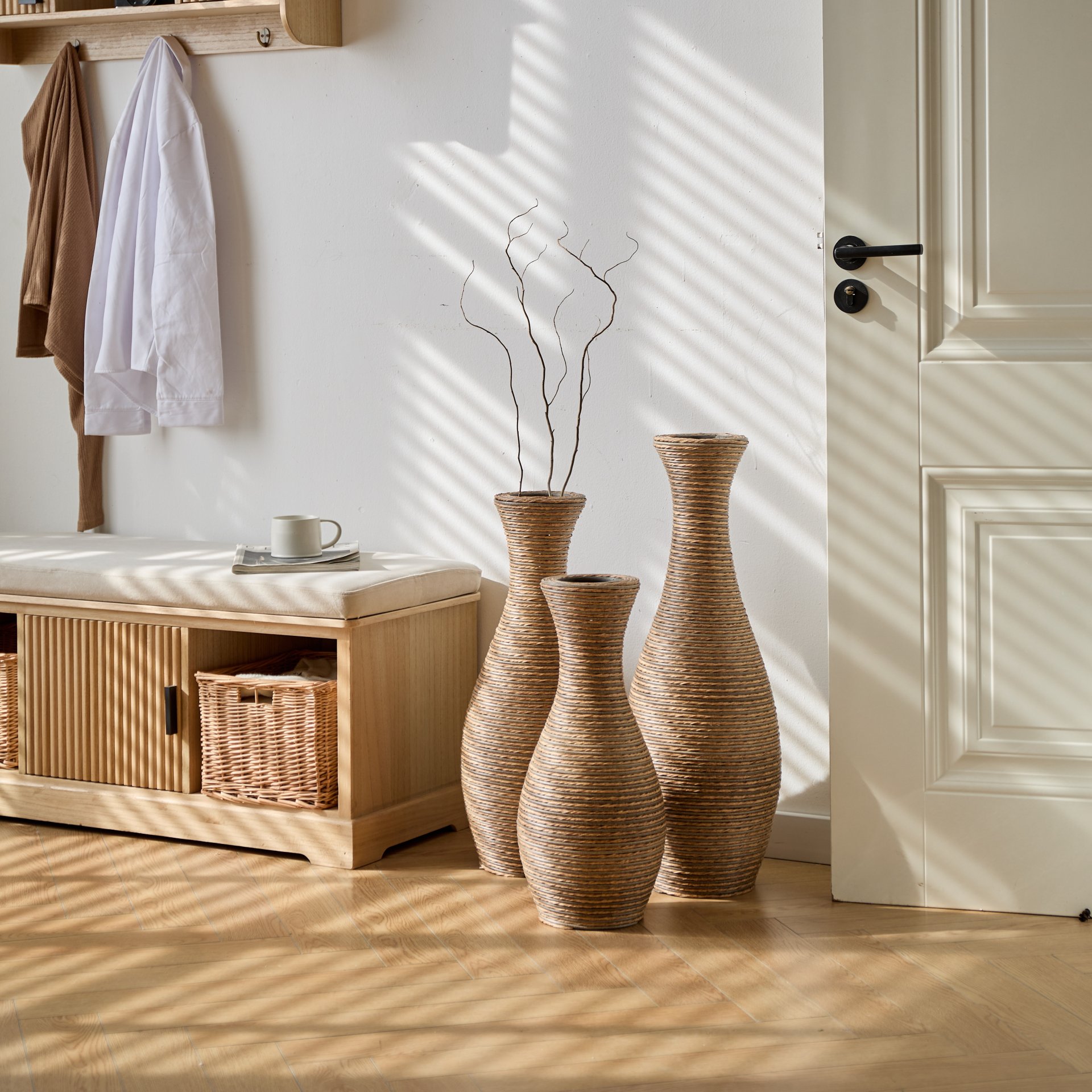 3 Piece Artificial Rattan Floor Vase Set Decorative Accent For Living Room, Hallway & Entryway, Ideal For Dried Or Silk Flower Arrangements - Beige - Image 9