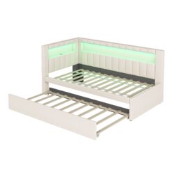 Twin Upholstered Platform Bed With USB Ports And LED Belt, Includes Trundle - White