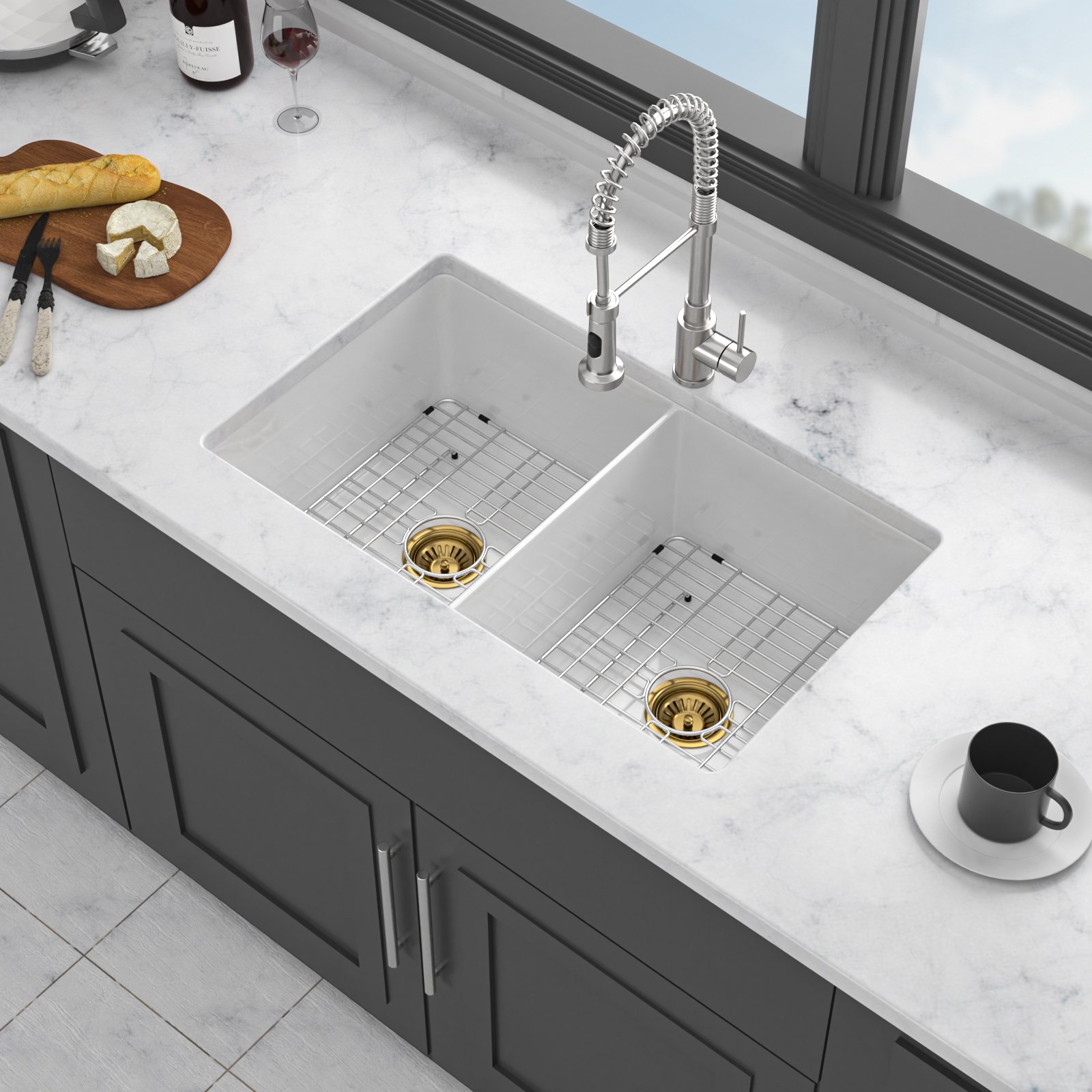 32" Undermount Double Bowl Kitchen Sink Rectangular Deep Dual Bas With Grids - White - Image 5