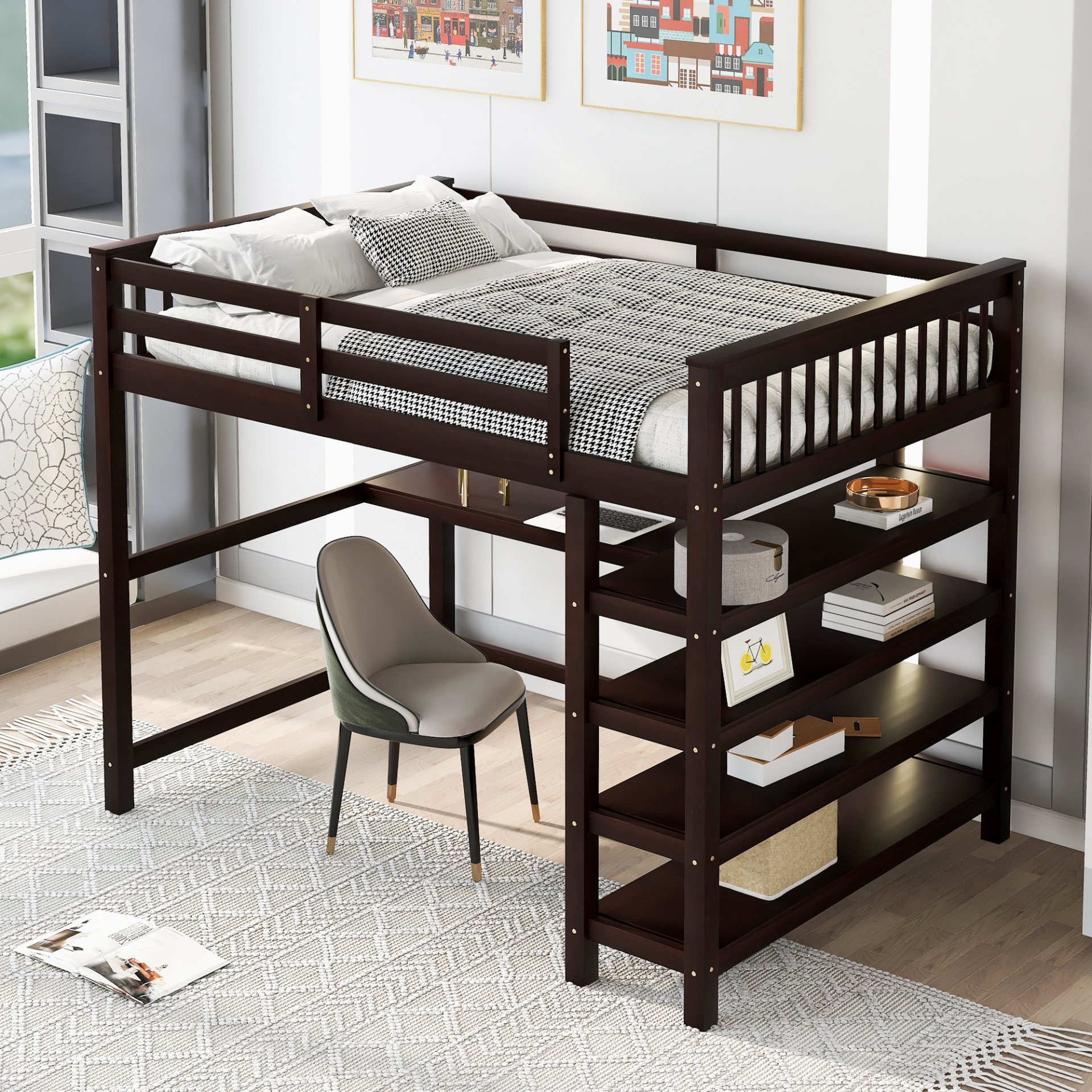 Full Size Loft Bed With Storage Shelves And Under Bed Desk - Espresso - Image 4