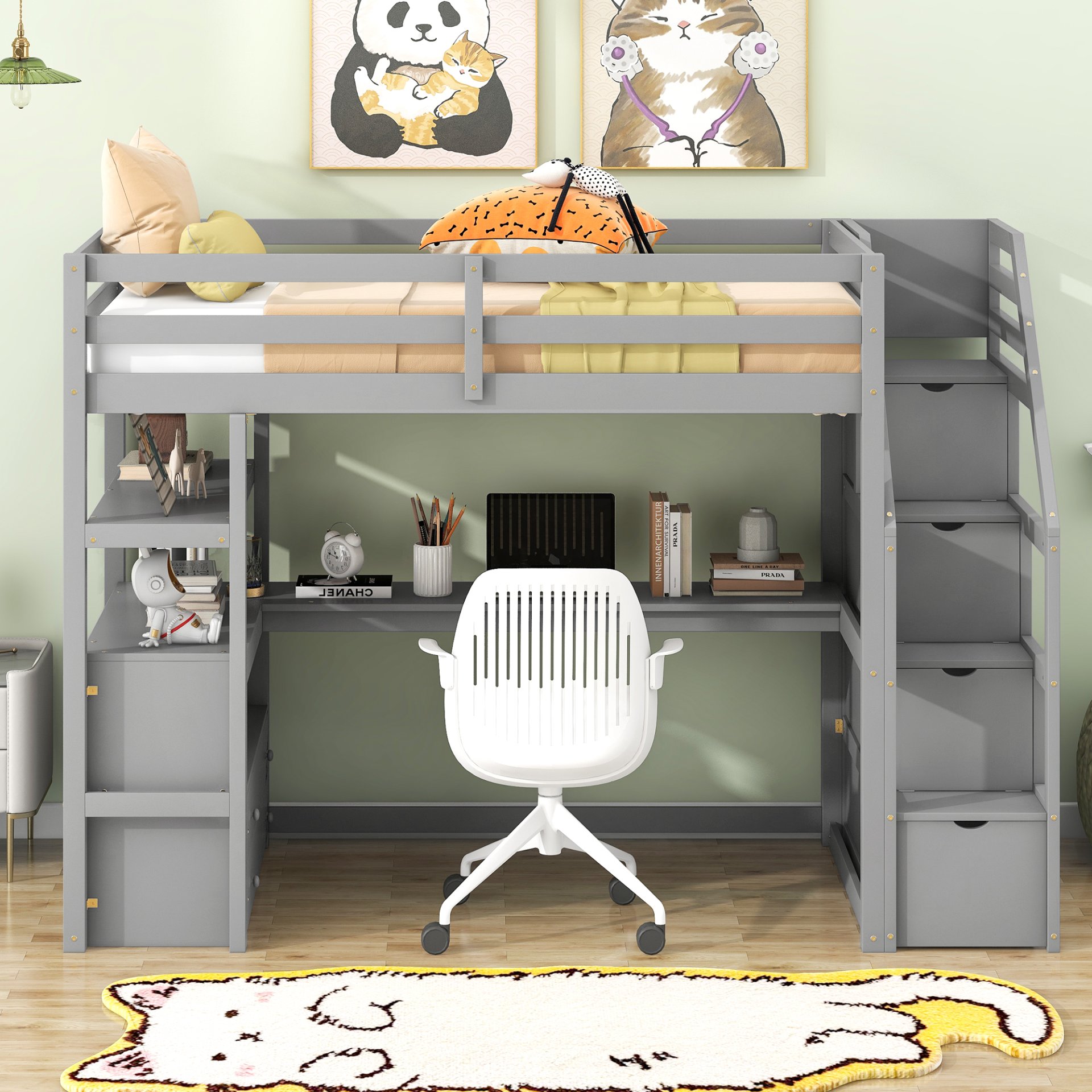 Twin Size Loft Bed With Built In Desk, Shelves, Drawers, And Storage Staircase - Gray - Image 4