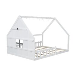Full Size House Bed With Window And Fence - White