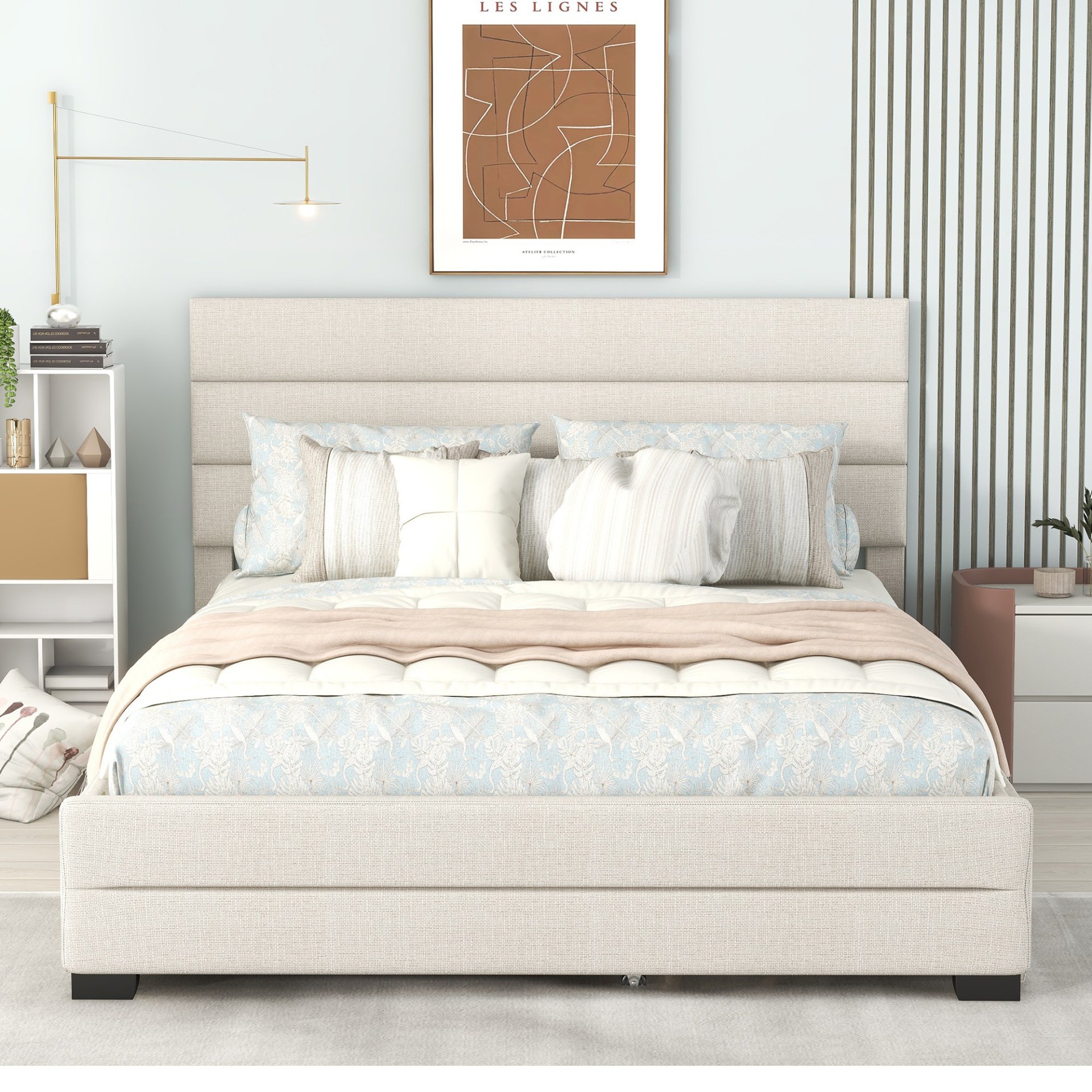 Queen Platform Bed With Twin Trundle And 2 Storage Drawers - Beige - Image 5