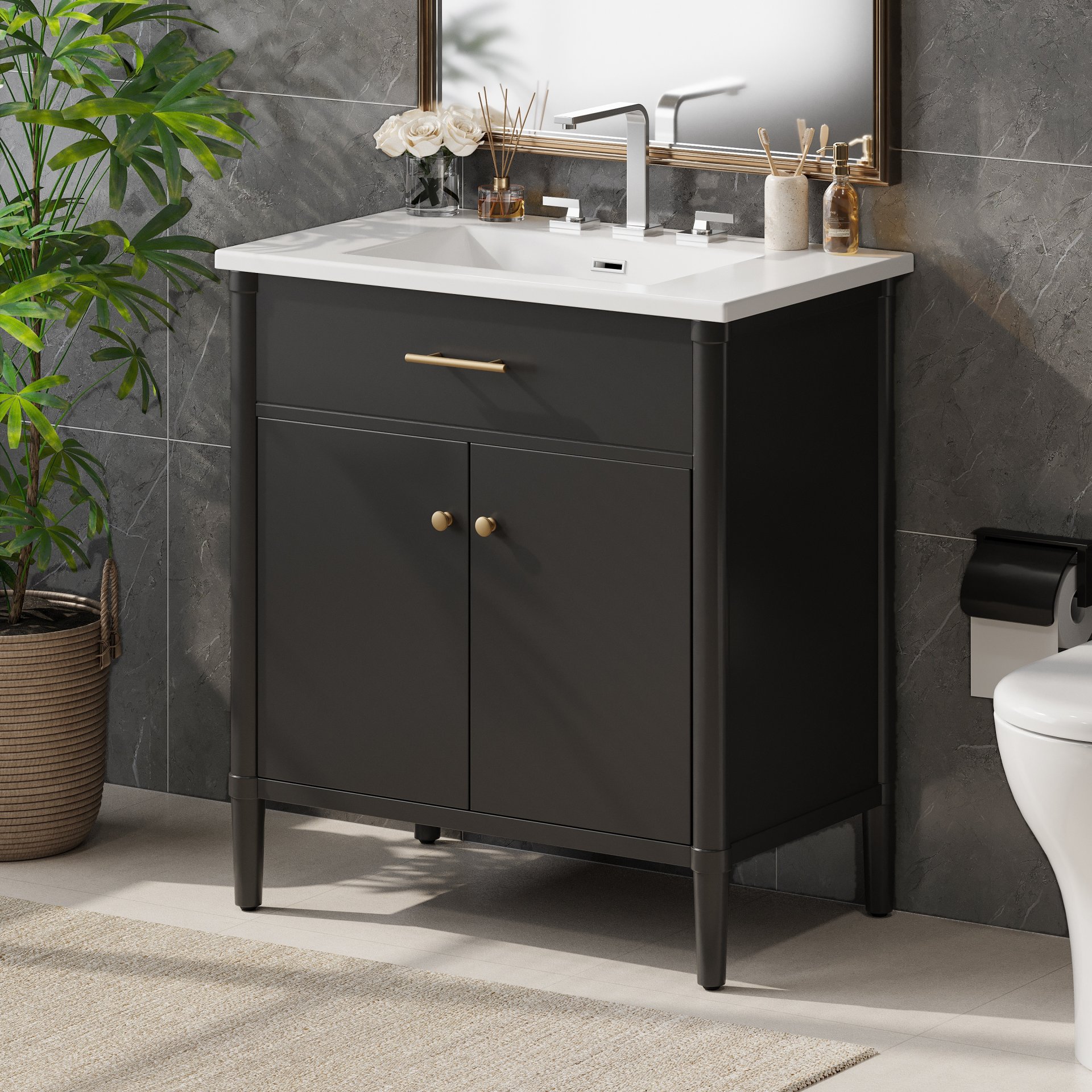 Bathroom Vanity With Sink, Soft Close Doors And Adjustable Shelf, Curved Profile Design - Black - Image 4