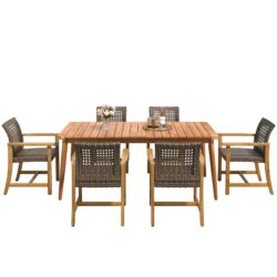 7 Piece Patio Dining Set, Slatted Table & 6 Chairs For Patio Garden - Mocha / Teak