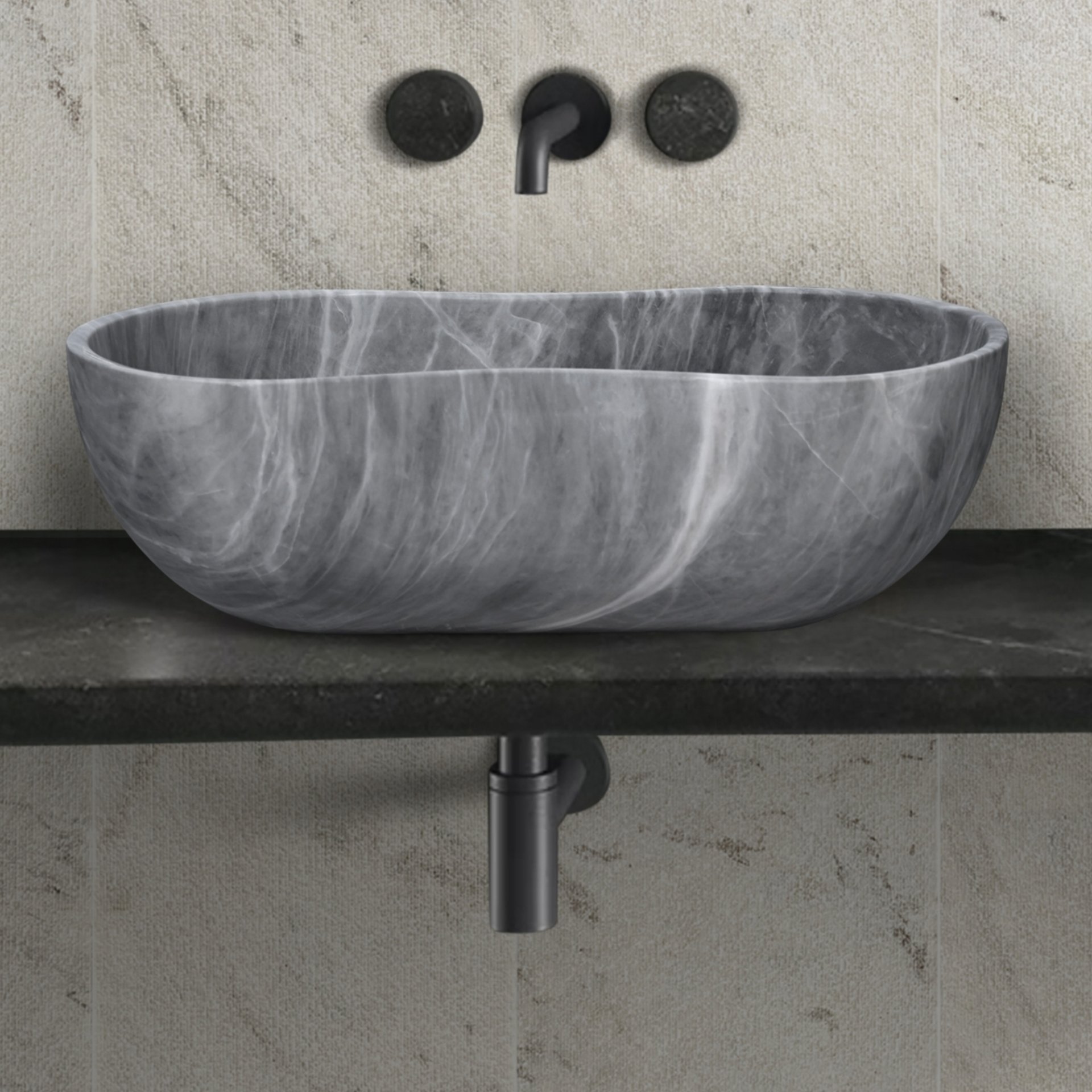 Bathroom Vessel Sink, Wavy Design, Semi Polished Surface - Gray - Image 2
