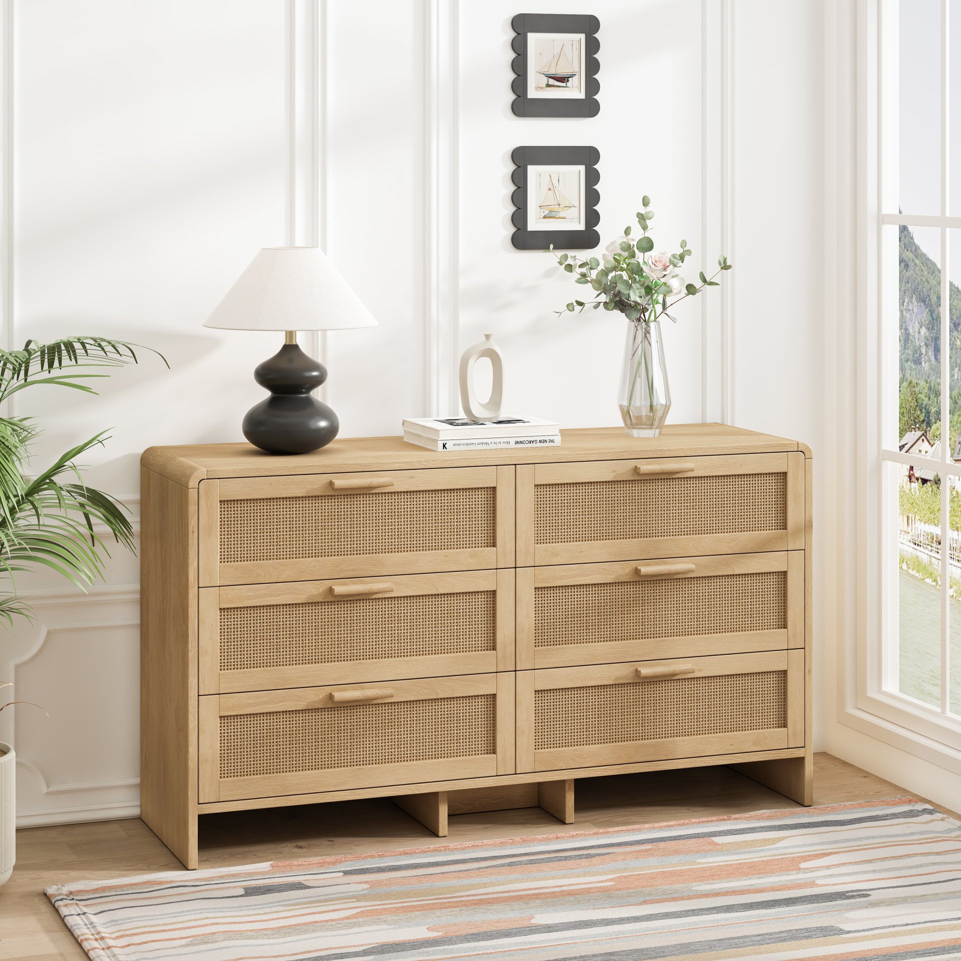 Arc Shaped Corner Rattan Cabinet With 6 Drawers - Natural - Image 5