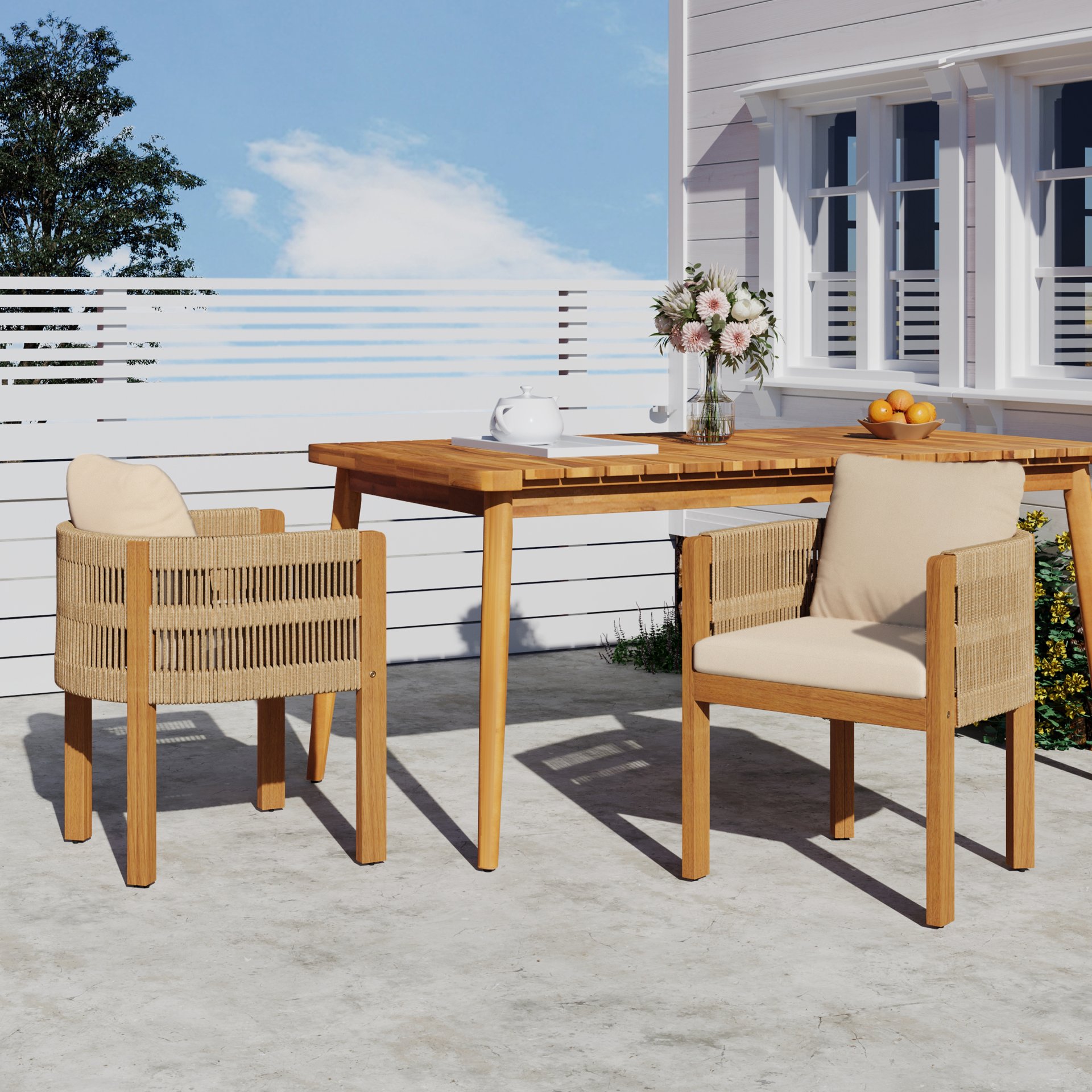 Outdoor Dining Chairs With Rope Handles (Set of 2) - Beige / Teak - Image 4