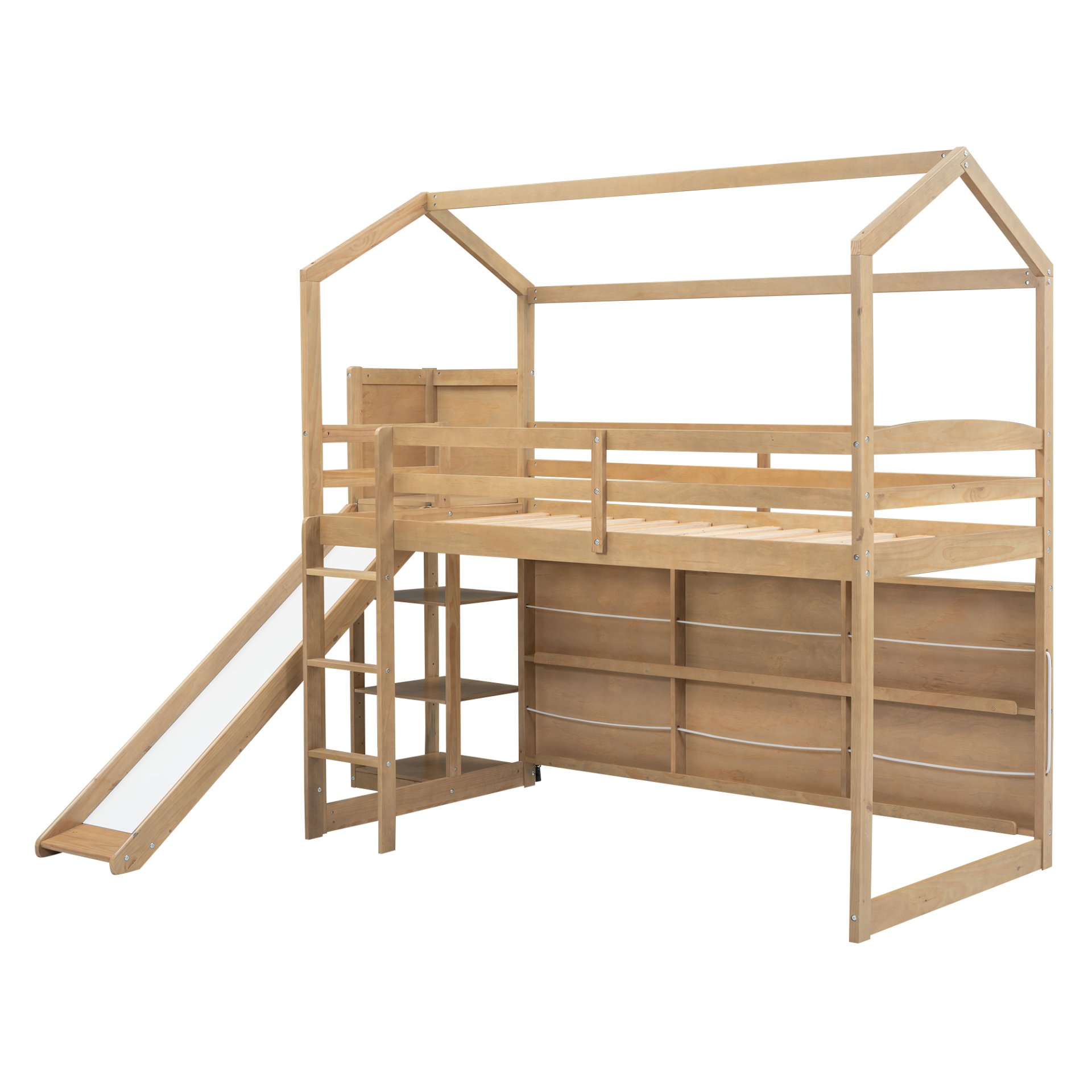 Twin Size House Loft Bed With Slide, Storage Shelves And Light, Climbing Ramp - Wood - Image 8