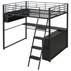 Full Size Loft Bed With LED Desk And 4 Storage Shelves - Black