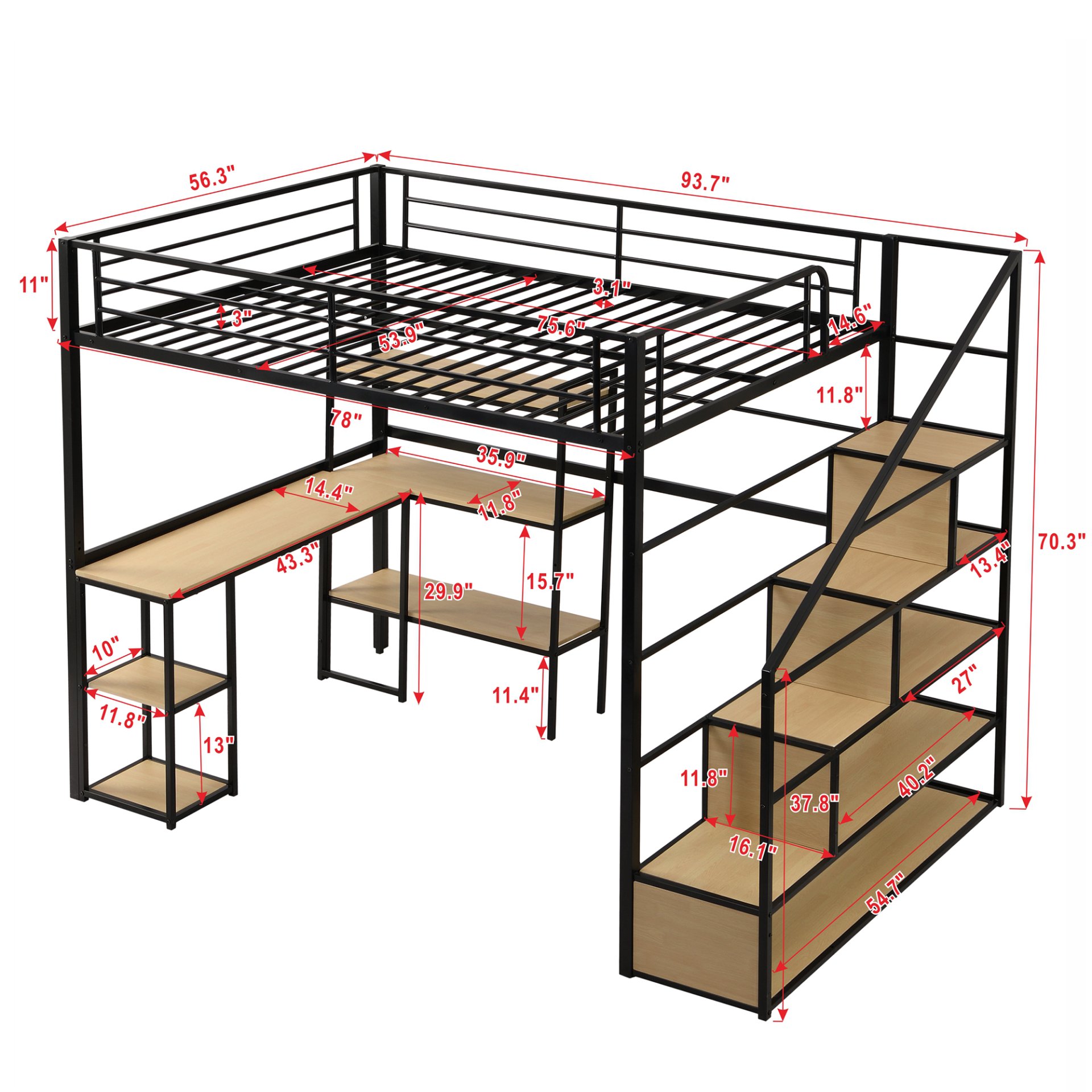 Full Size Loft Bed With Staircase, Built In Desk And Shelves And Sleeping Surface - Black - Image 3