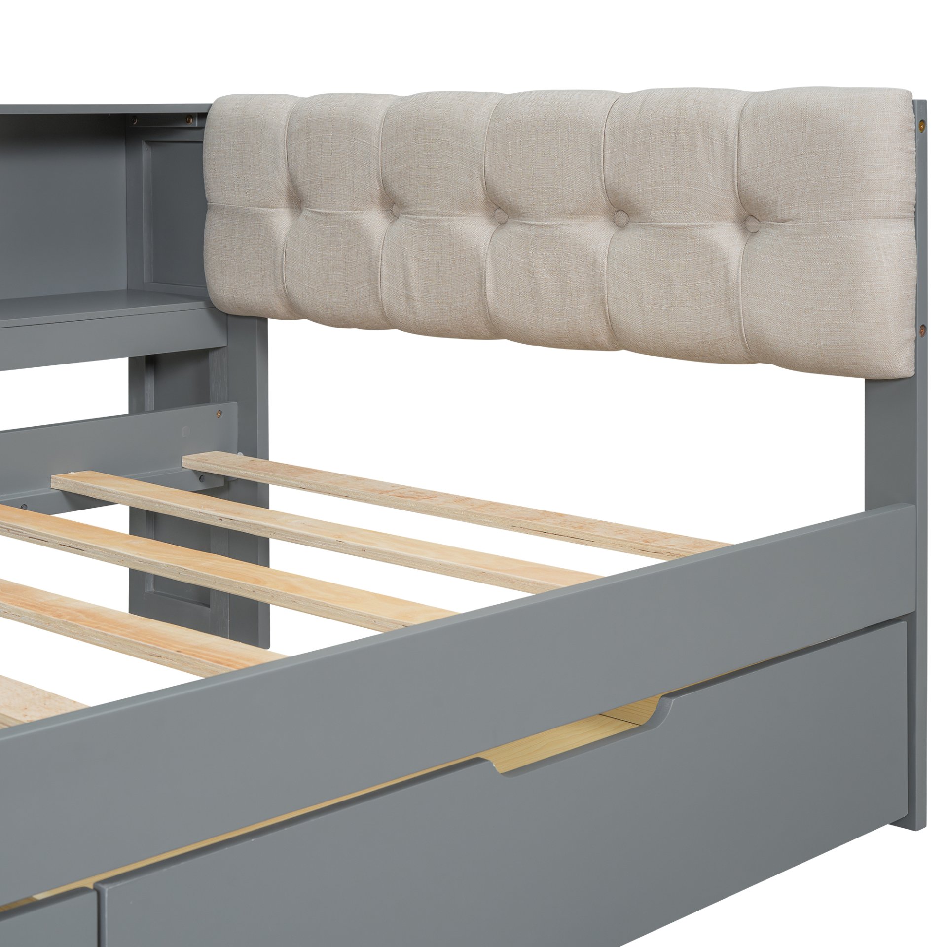 Upholstered Headboard Twin Size Platform Bed With Storage Shelves, Drawers, Charging Station - Gray - Image 7