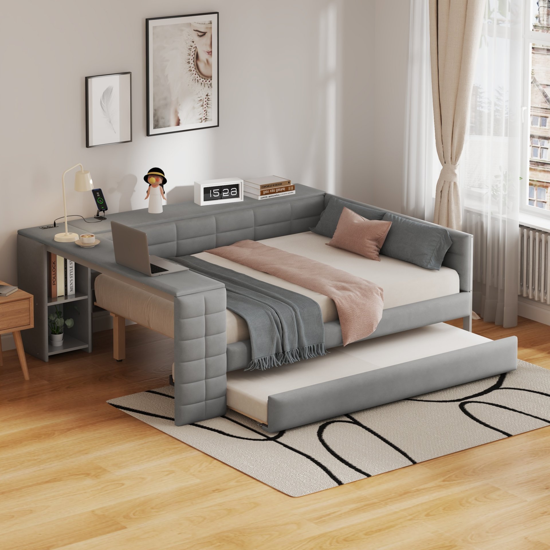Upholstered Full Size Platform Bed With Storage Shelves, Desk, Charging Station And Trundle - Gray - Image 2