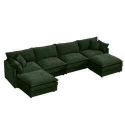 U-Shaped Sectional Sofa, 4 Seater Comfy Cloud Couch With Movable Ottoman - Green