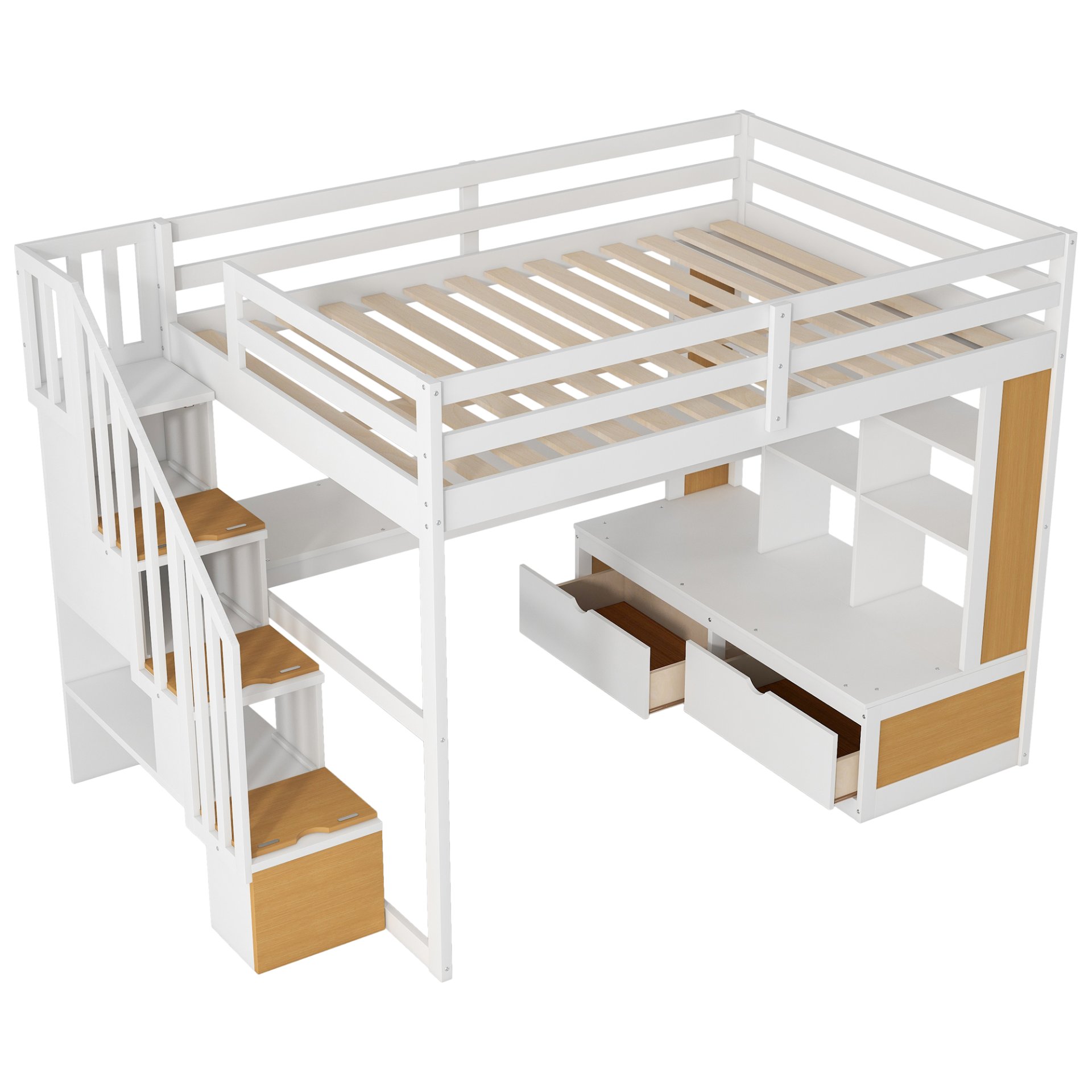 Full Size Loft Bed With Desk And Shelves, 2 Built In Drawers, Storage Staircase - Natural / White - Image 8