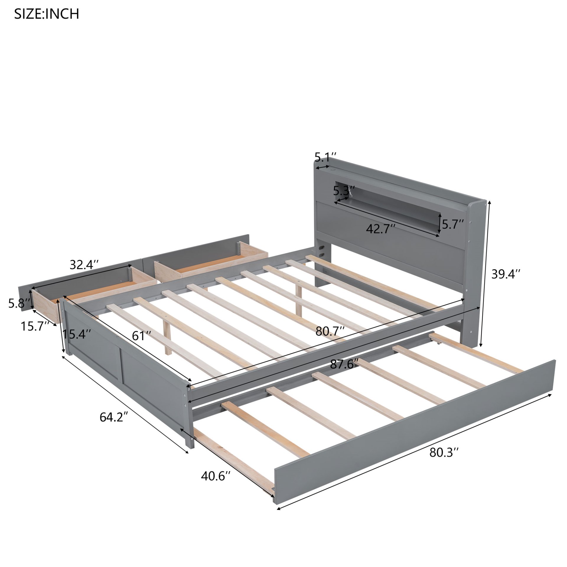 Queen Size Storage Platform Bed With LED Lights, 2 Drawers And Twin Trundle - Gray - Image 3