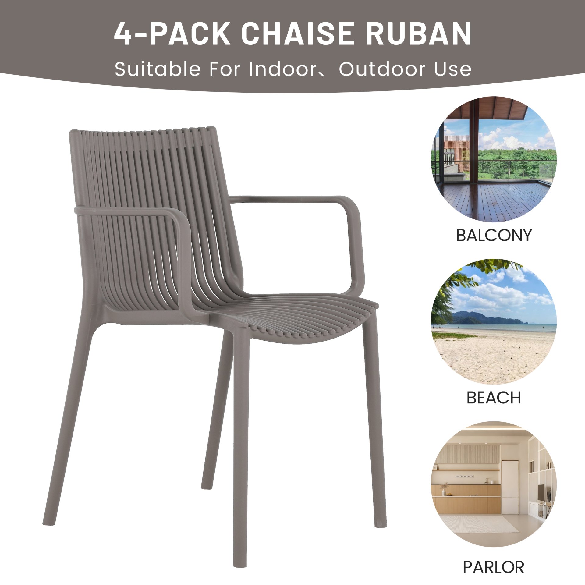 4 Piece Stackable Single Chairs With Vertical Stripe Design For All Weather - Warm Gray - Image 8