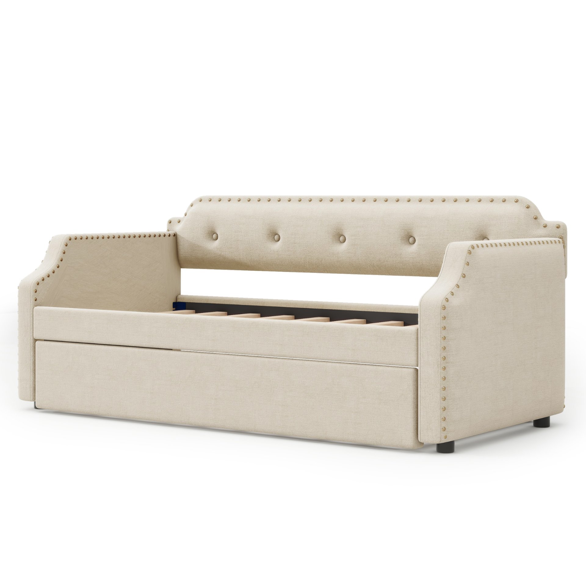 Upholstered Daybed With Trundle, Twin, Slat Support - Beige - Image 10