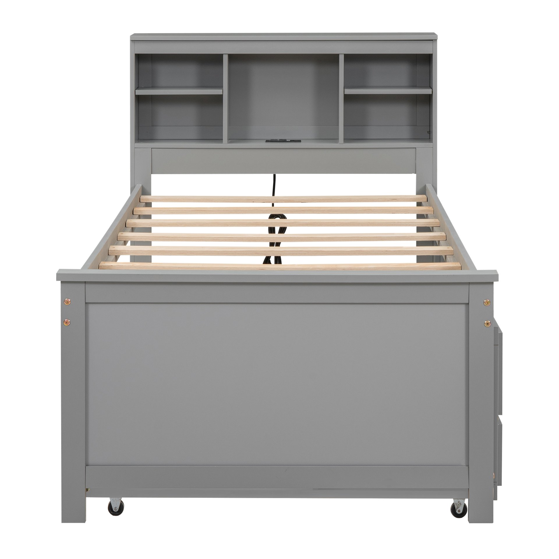Twin Size Platform Bed With Storage Headboard, USB, Trundle And 3 Drawers - Gray - Image 12