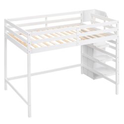 Full Size Loft Bed With Built In Storage Wardrobe And Staircase - White
