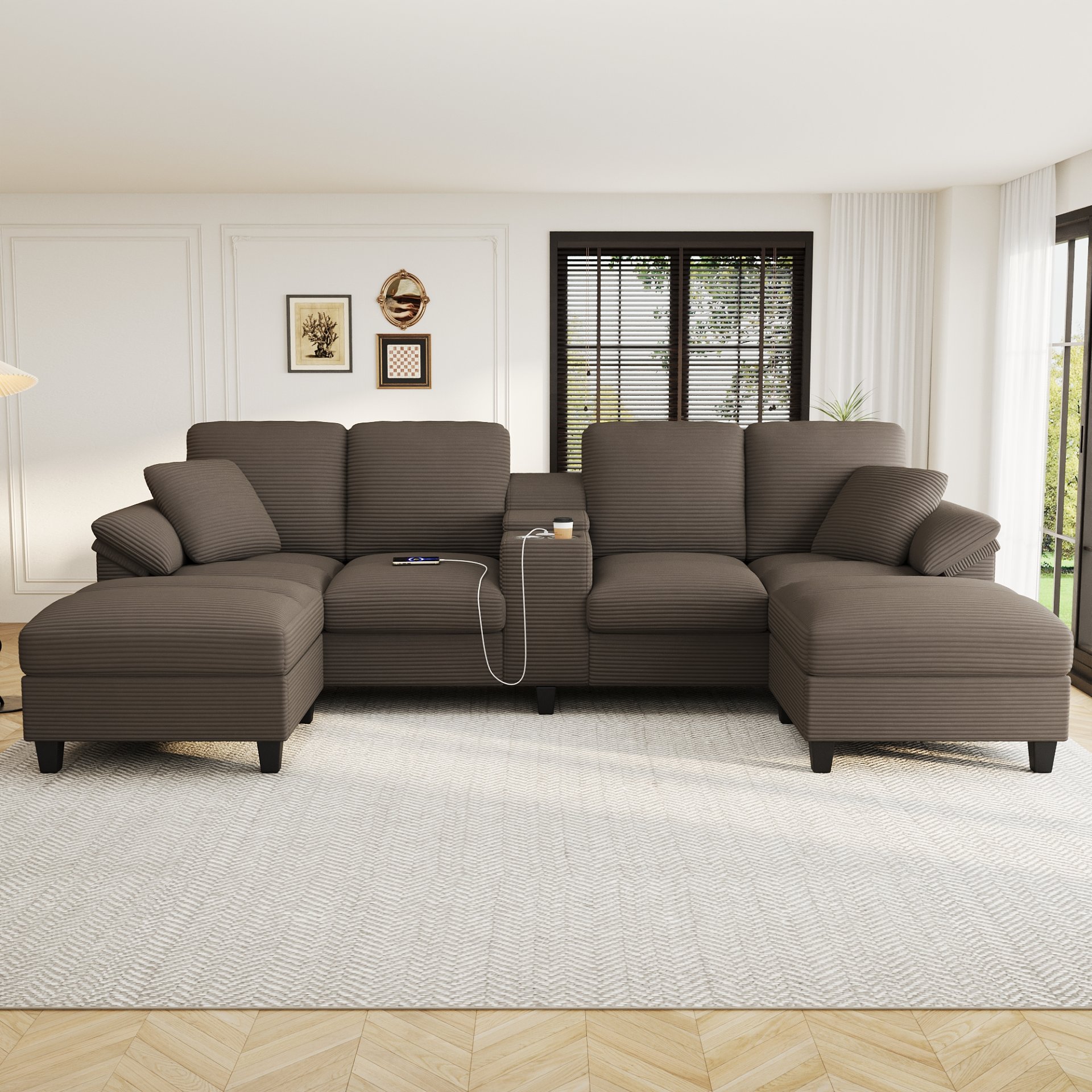 U-Shaped Sectional Sofa, Hidden Storage Ottomans, USB Ports, And Cup Holders - Brown - Image 5