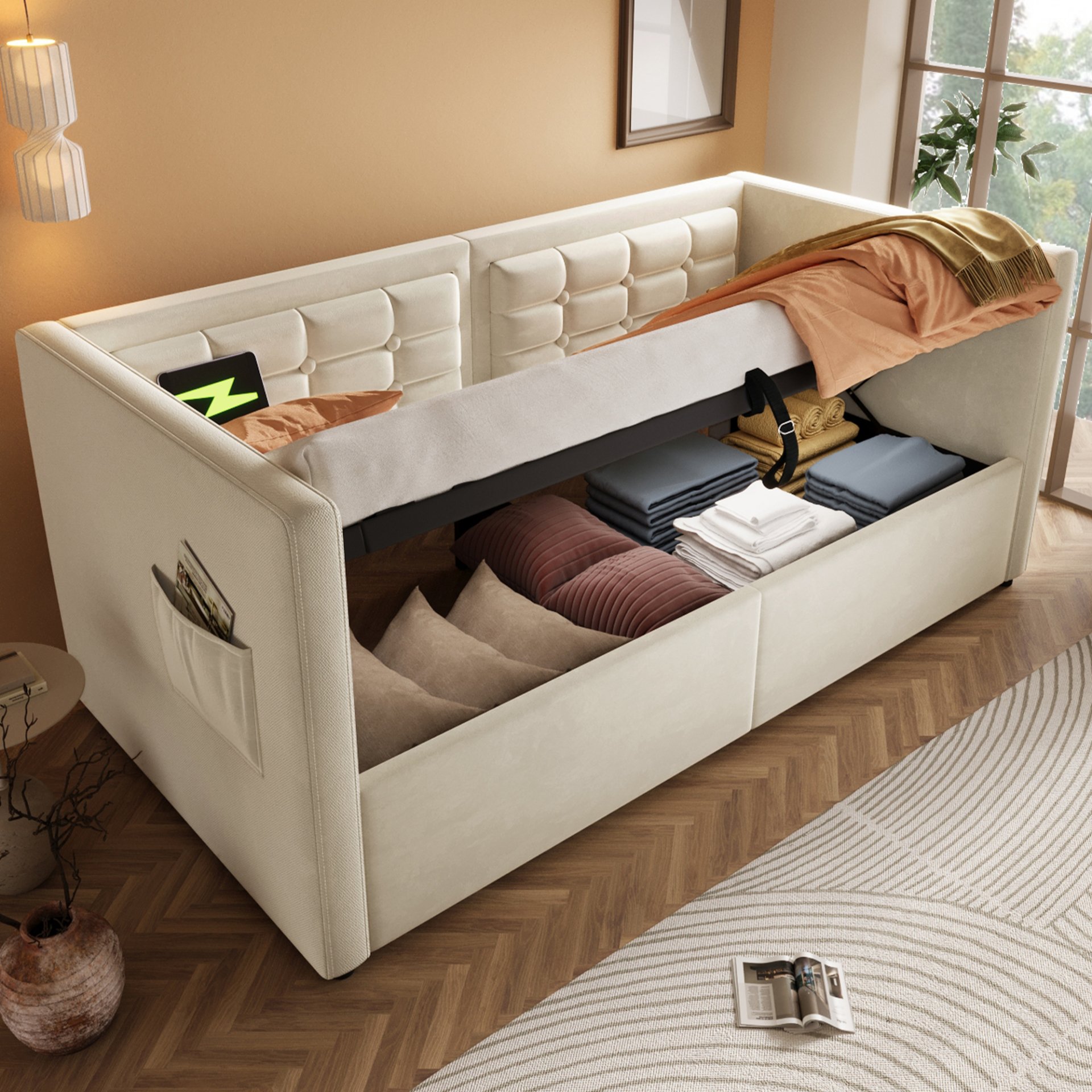 Twin Size Upholstered Hydraulic Storage Daybed With USB & Type C Charging - Beige - Image 9