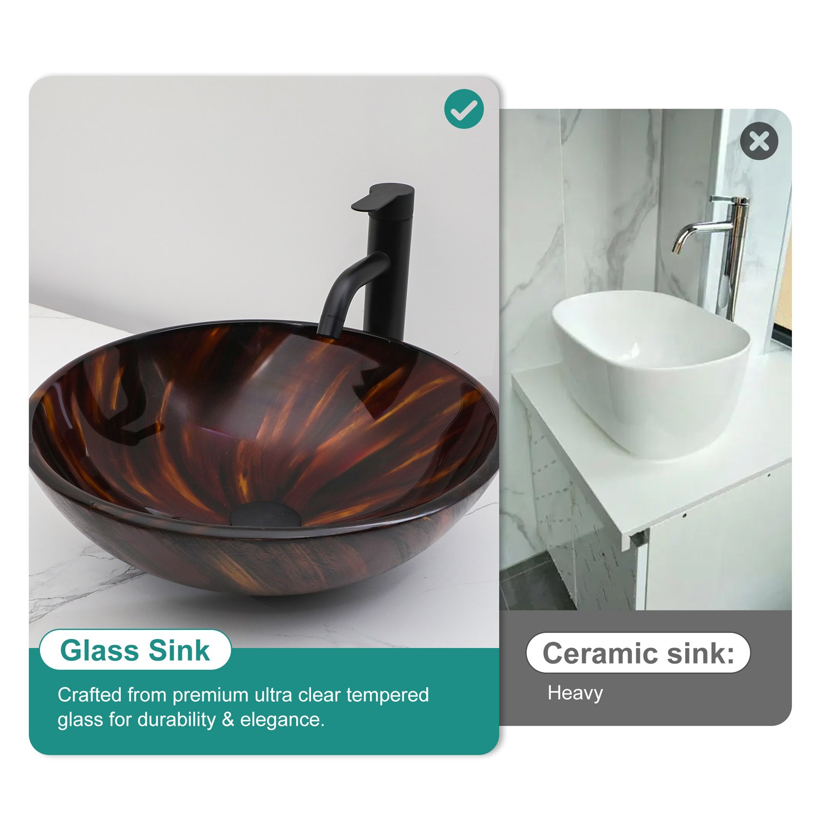 Vessel Bathroom Sink With Pop Up Drain, Round Bowl Design For Bathrooms - Brown - Image 2