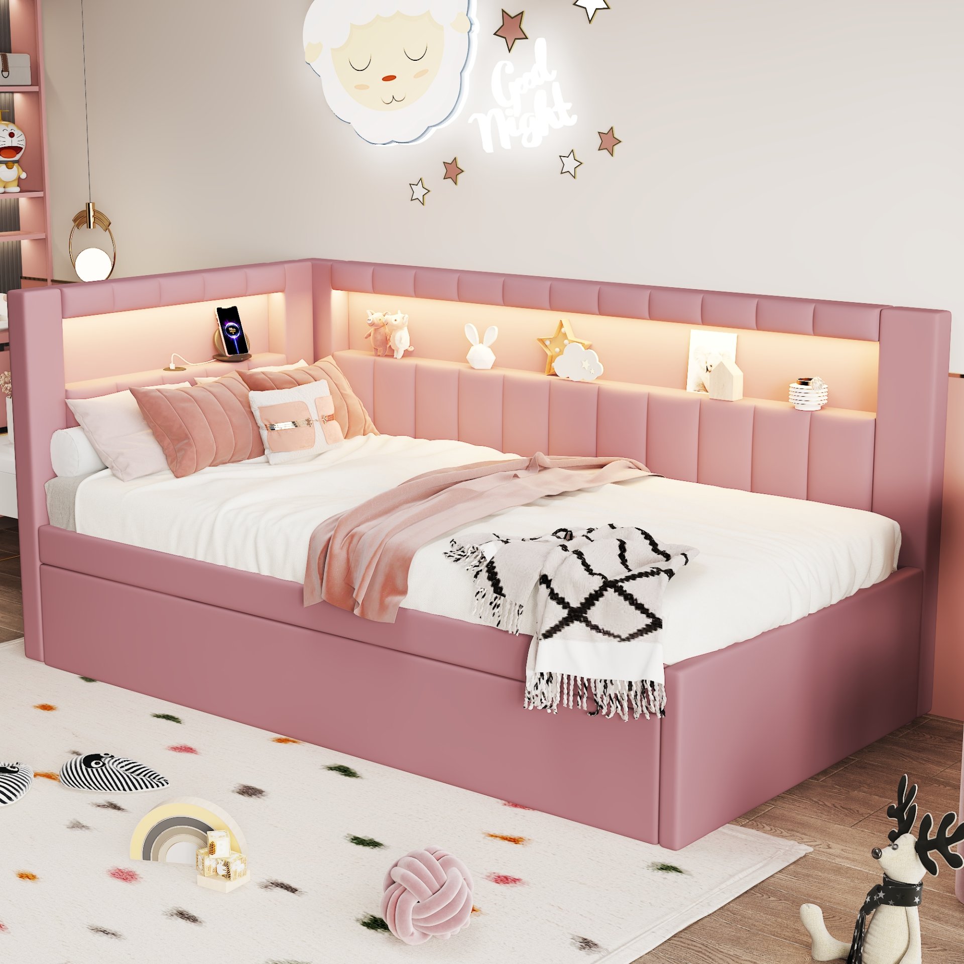 Twin Upholstered Platform Bed With USB Ports And LED Belt, Includes Trundle - Pink - Image 6