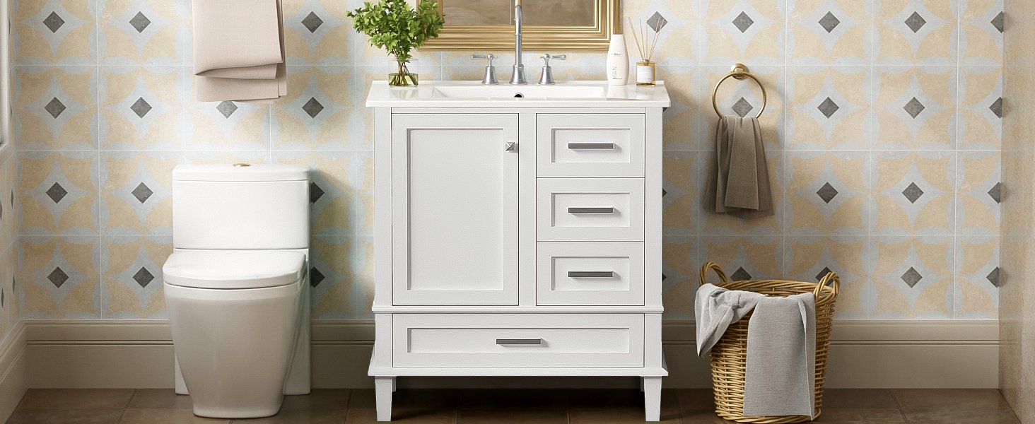 Bathroom Vanity, Modern Bathroom Cabinet With Sink Combo Set, Bathroom Storage Cabinet With A Soft Closing Door And 3 Drawers, Solid Wood Frame - White - Image 33