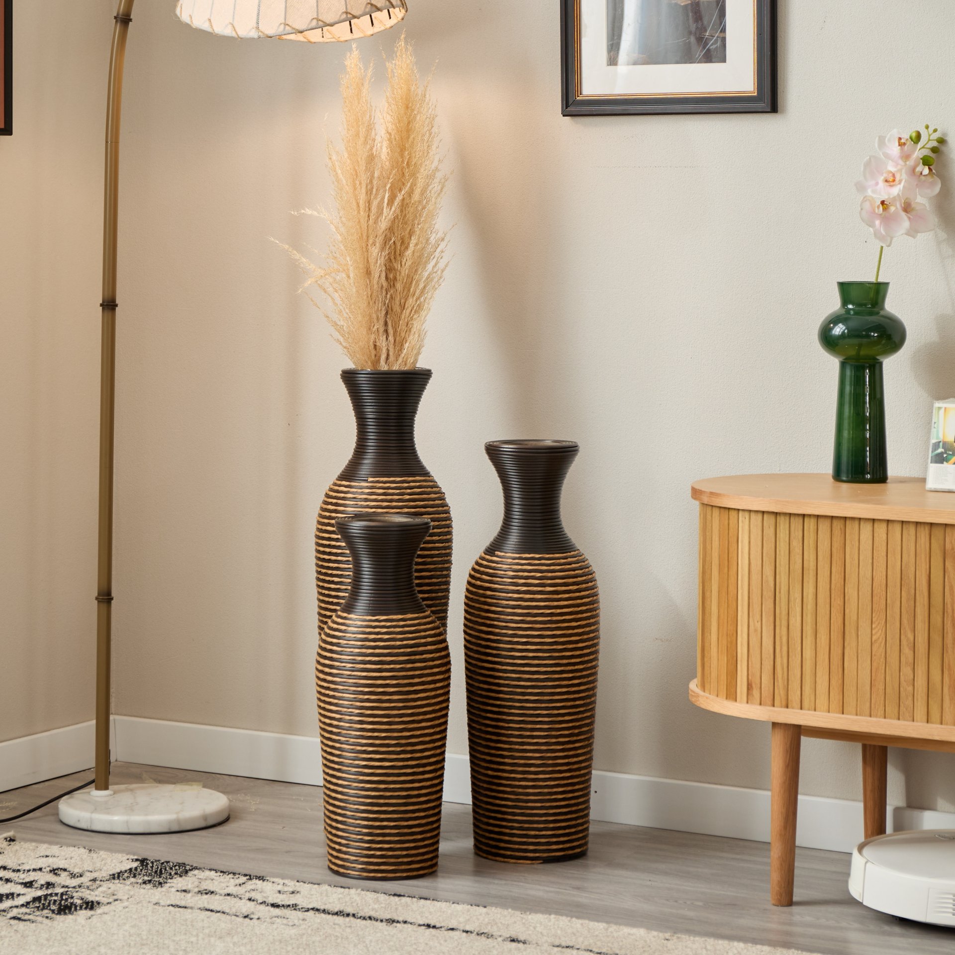 3 Piece Set Of Decorative Floor Vases, Classic And Neat Floor Vases With High Independent Flower Racks, Artificial Vine Vases, Home Decoration Flower Racks - Beige / Black - Image 18