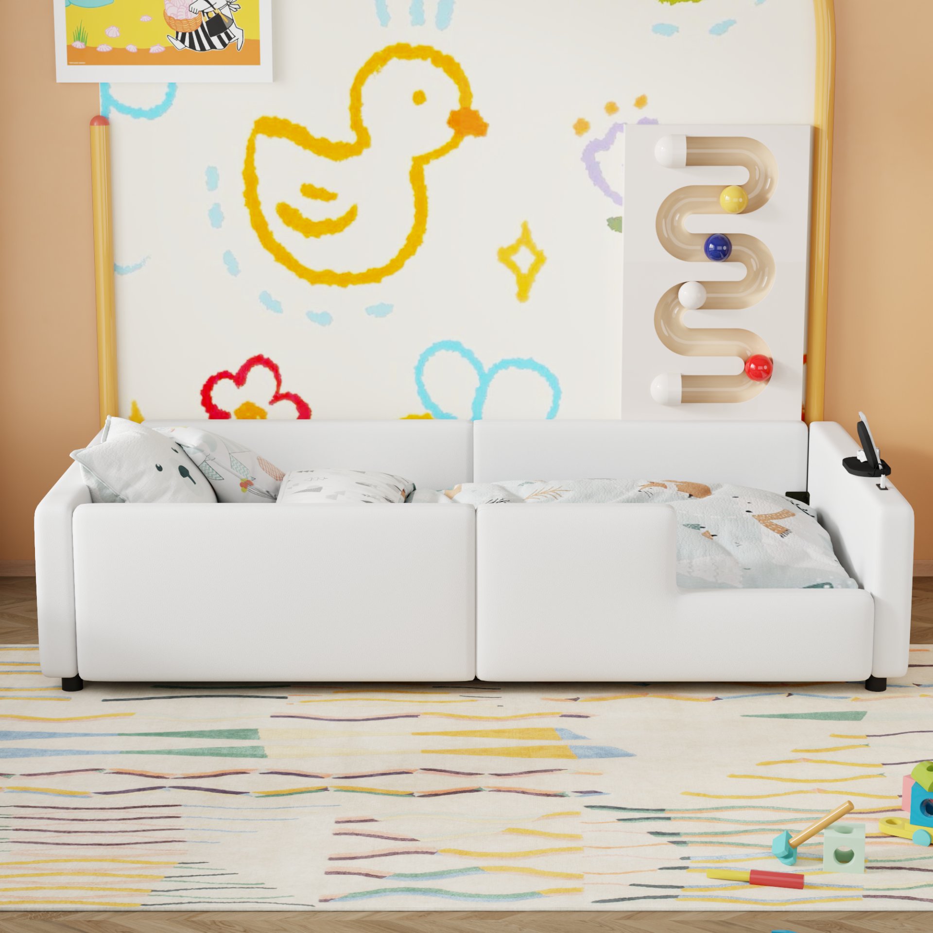 Twin Size Upholstered Platform Bed With Guardrail And Charging Station - White - Image 6