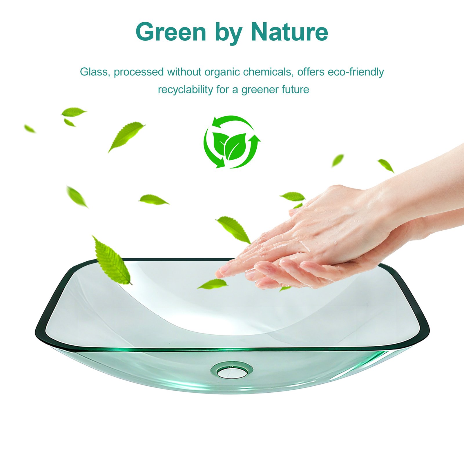 Clear Vessel Sink Rectangle Above Counter Bathroom Basin With Pop Up Drain, No Faucet - Clear - Image 4