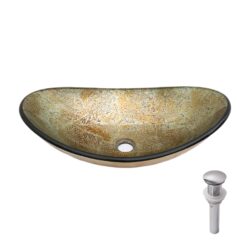 Vessel Sink With Chrome Pop Up Drain, Boat Shape Bathroom Sink Above Counter - Gold