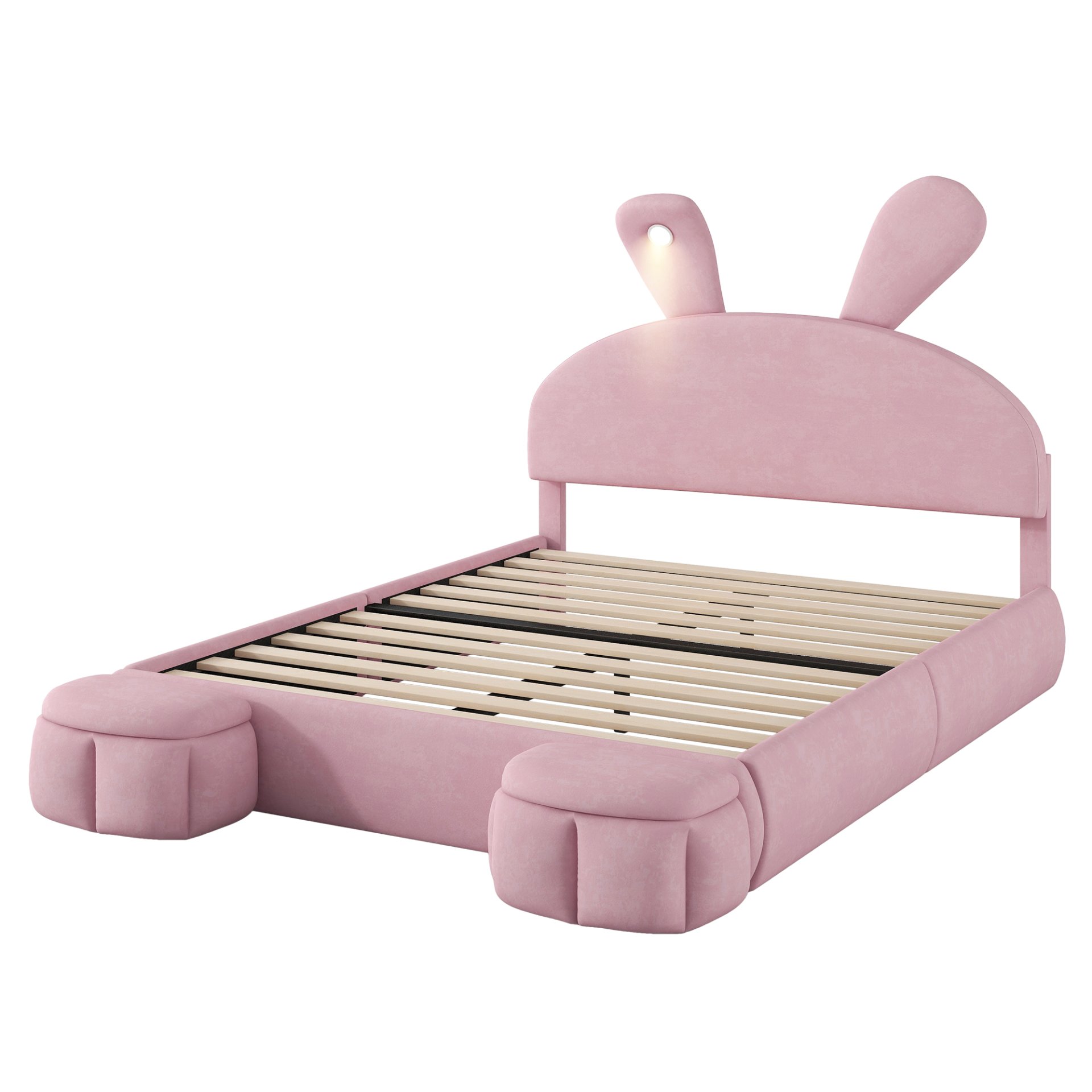 Full Size Upholstered Platform Bed With Cartoon Ears Headboard And Built In LED Light - Pink - Image 9