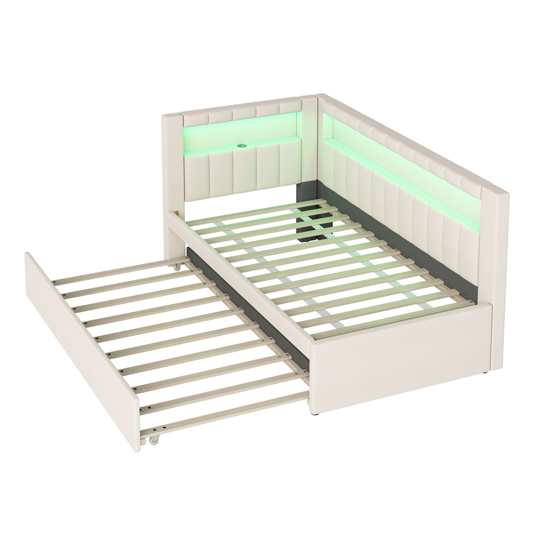 Twin Upholstered Platform Bed With USB Ports And LED Belt, Includes Trundle - White - Image 11