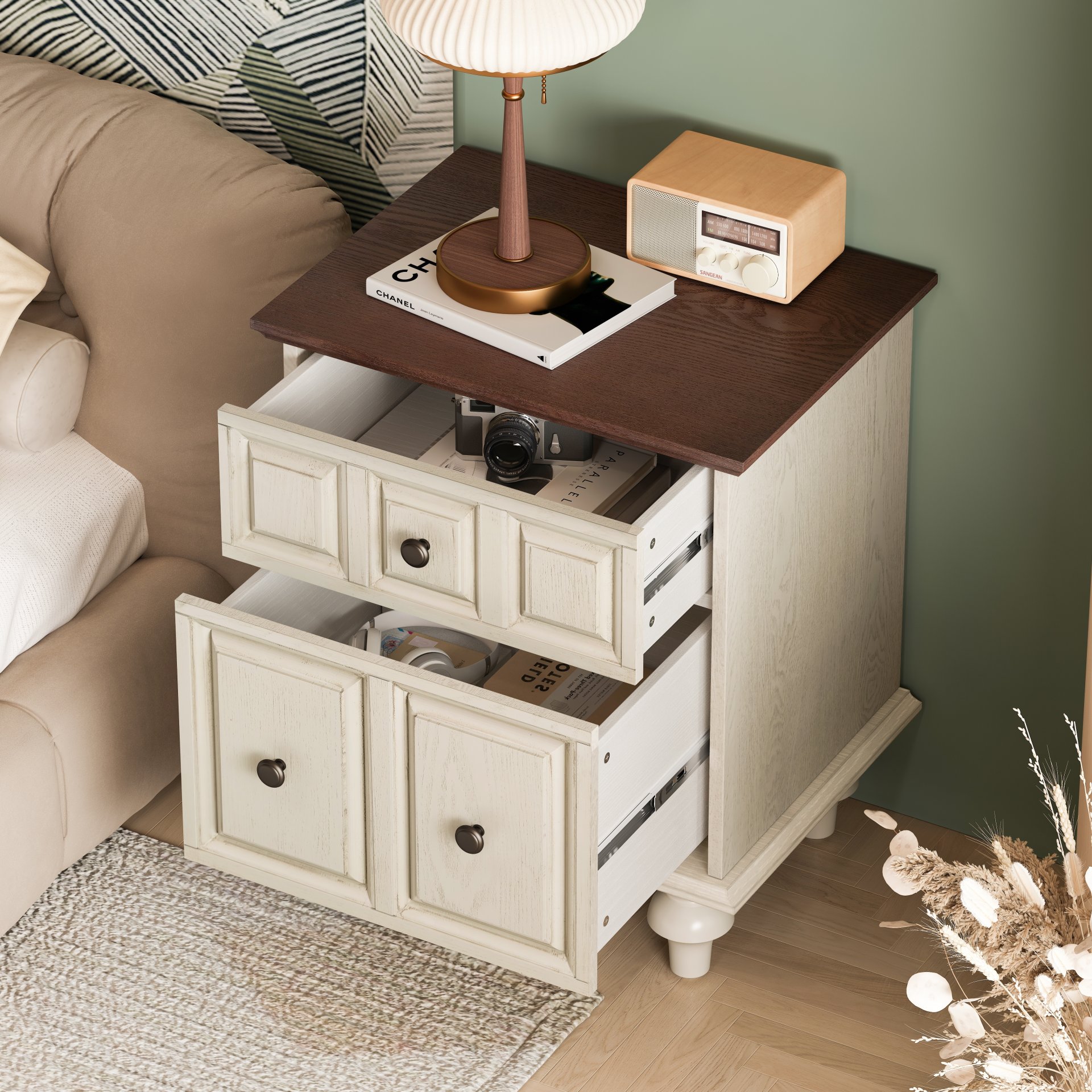Nightstand With 2 Drawers And Roman Column Legs - Antique White - Image 2