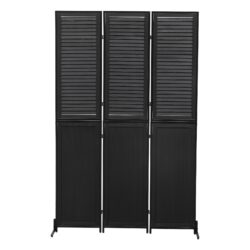 Rustic 3 Panel Room Divider 6Ft Wood Folding Privacy Screen With Metal Frame And Louver Design - Black