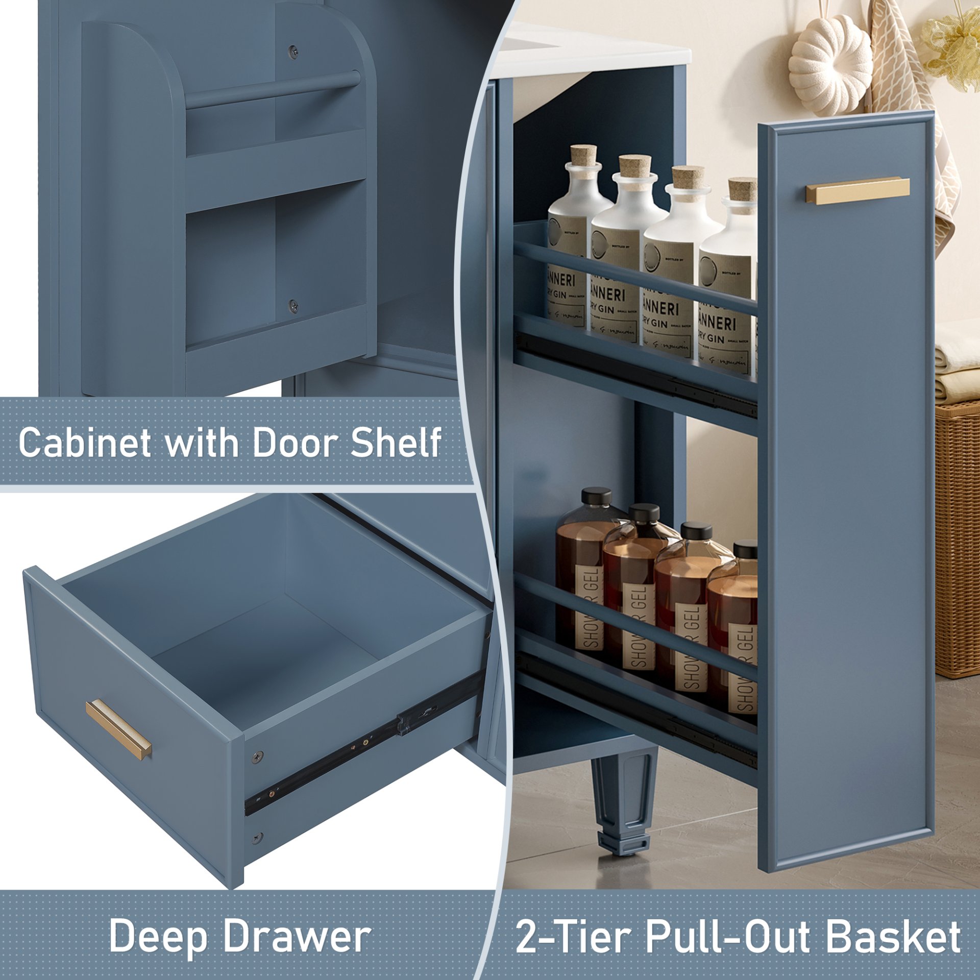 24" Bathroom Vanity With Sink, 1 Door, 2 Drawers, 2 Tier Pull Out Basket - Gray - Image 8