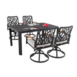 5 Pieces Outdoor Patio Furniture Set, 4 Swivel Rockers Sunbrella Fabric Cushioned, Rectangular Table With Umbrella Hole - Bourbon Brown