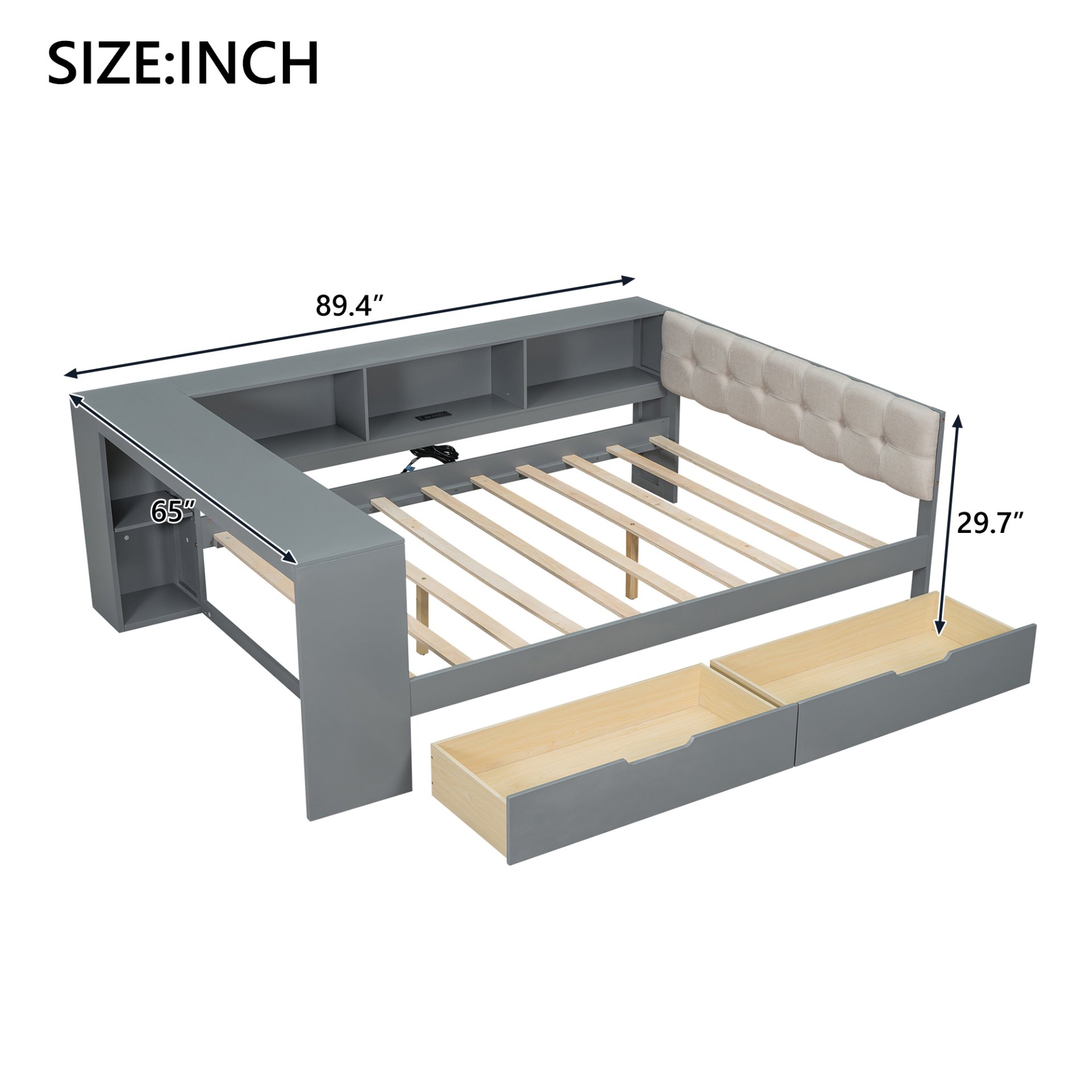 Upholstered Headboard Full Size Platform Bed With Storage Shelves, Drawers, Charging Station - Gray - Image 3