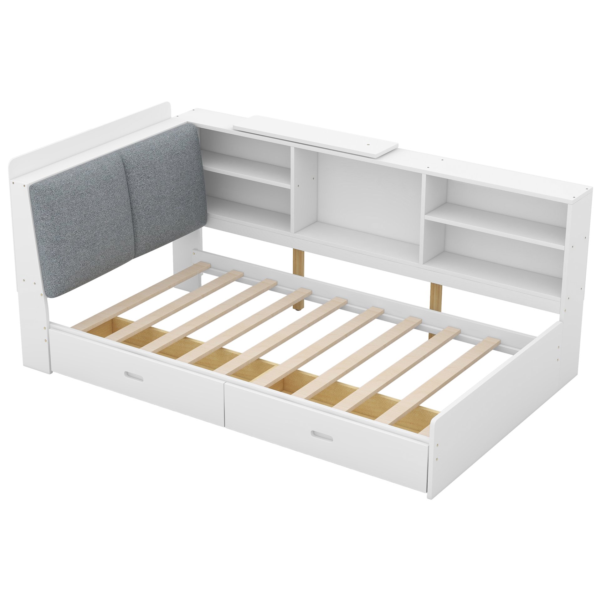 Twin Size Platform Bed With Storage Headboard, Shelves And 2 Drawers - White - Image 12