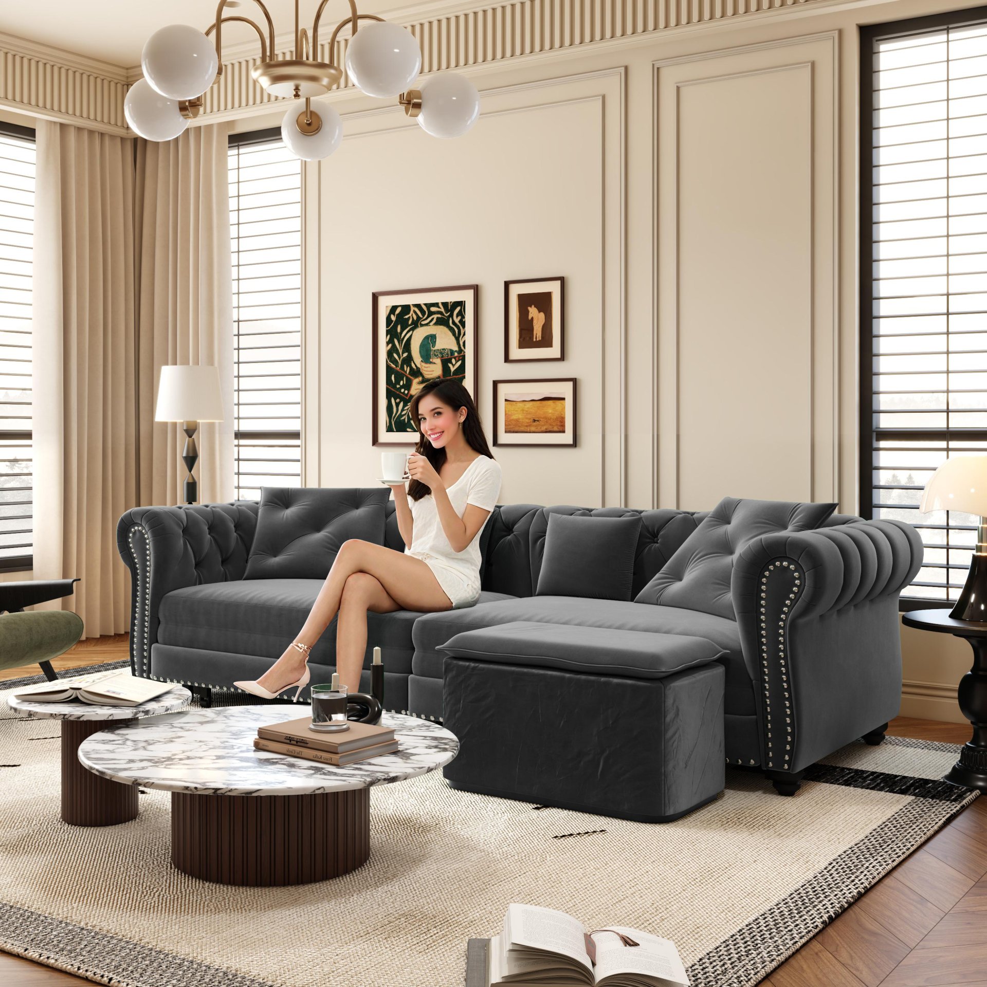 3 In 1 Pull Out Sofa Bed, Convertible Sleeper Sofa Bed, 3 Seater Sofa With Movable Ottoman - Gray - Image 2