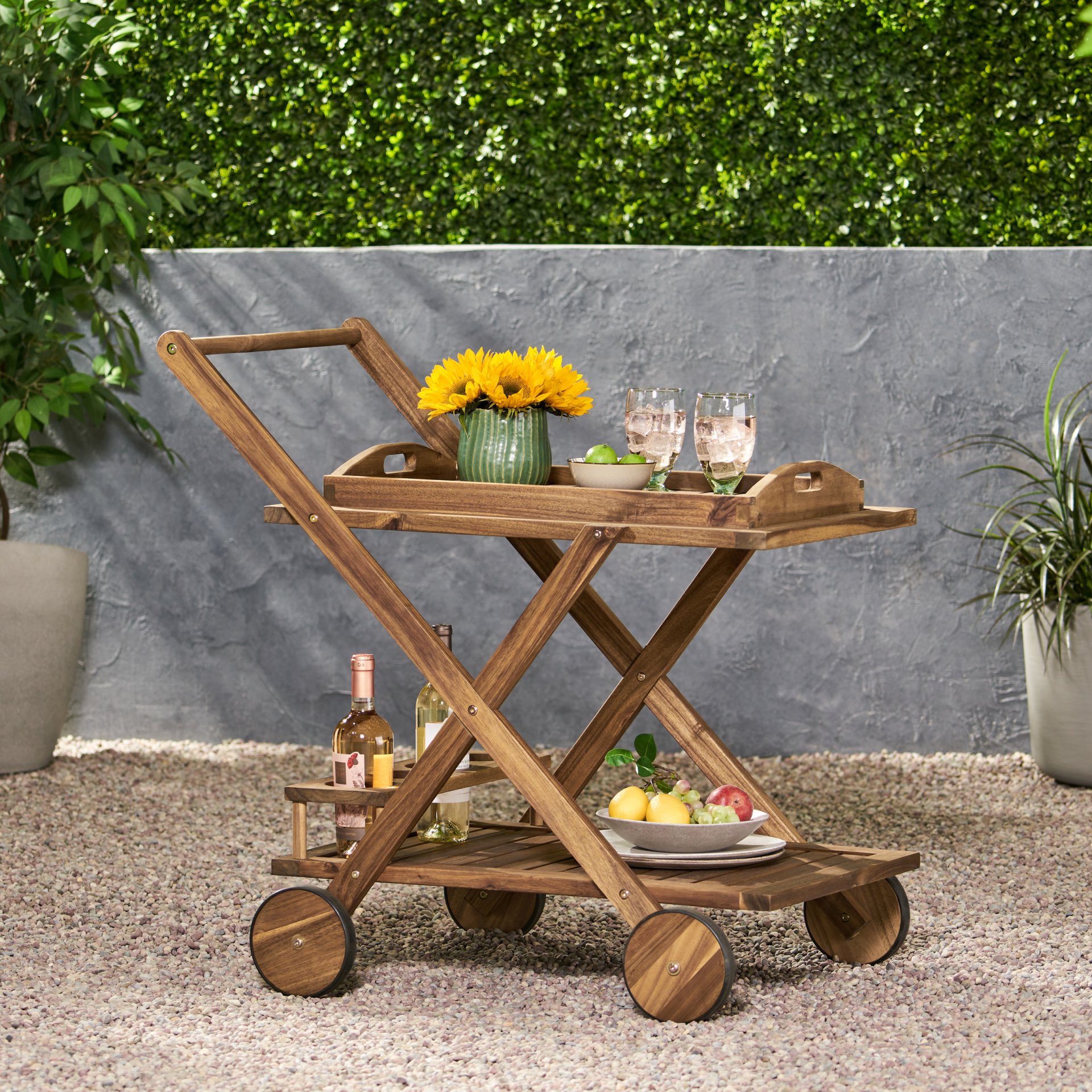 Riviera Bar Cart Stained Mobile With Wheels For Entertaining - Natural Stained - Image 5