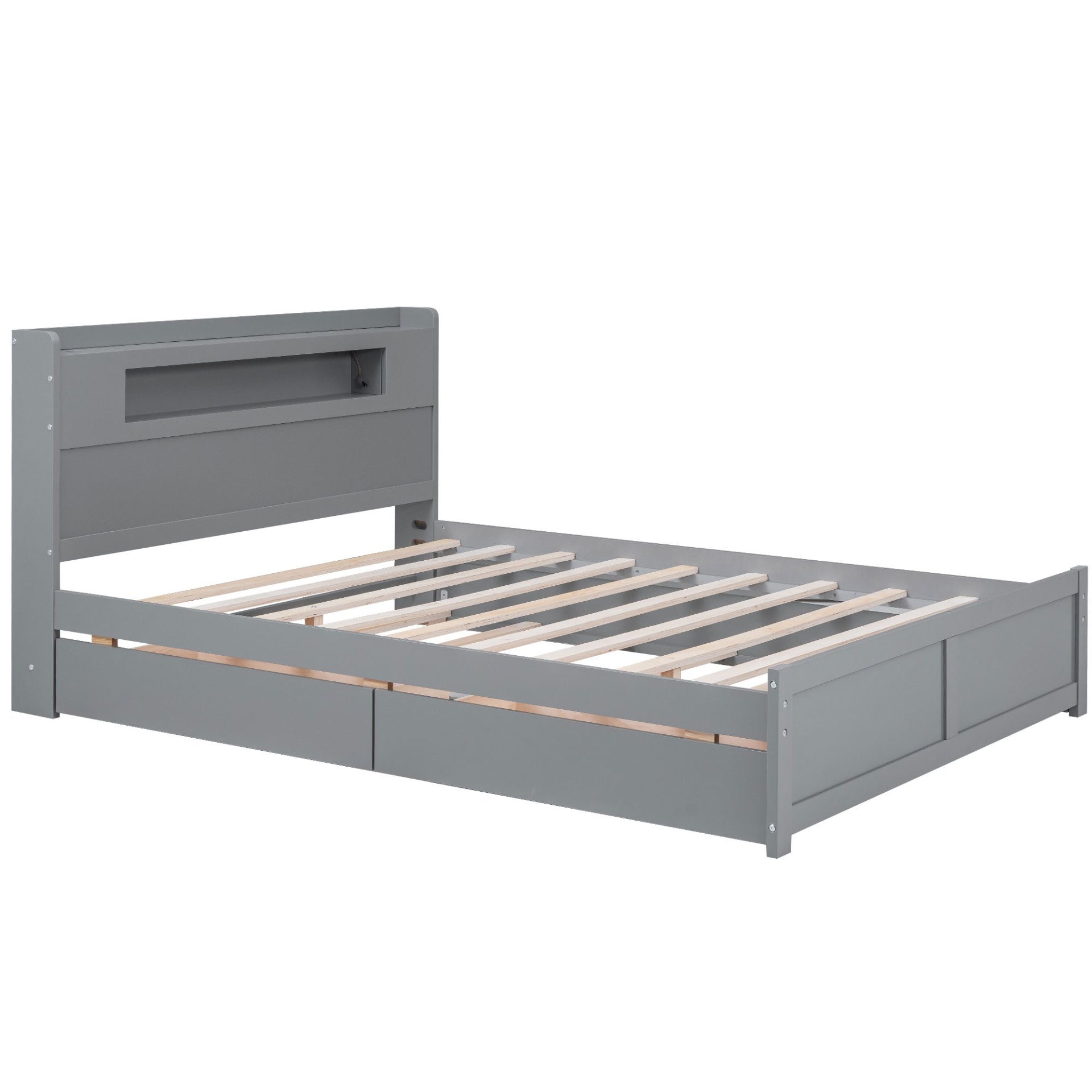 Queen Size Storage Platform Bed With LED Lights, 2 Drawers And Twin Trundle - Gray - Image 7