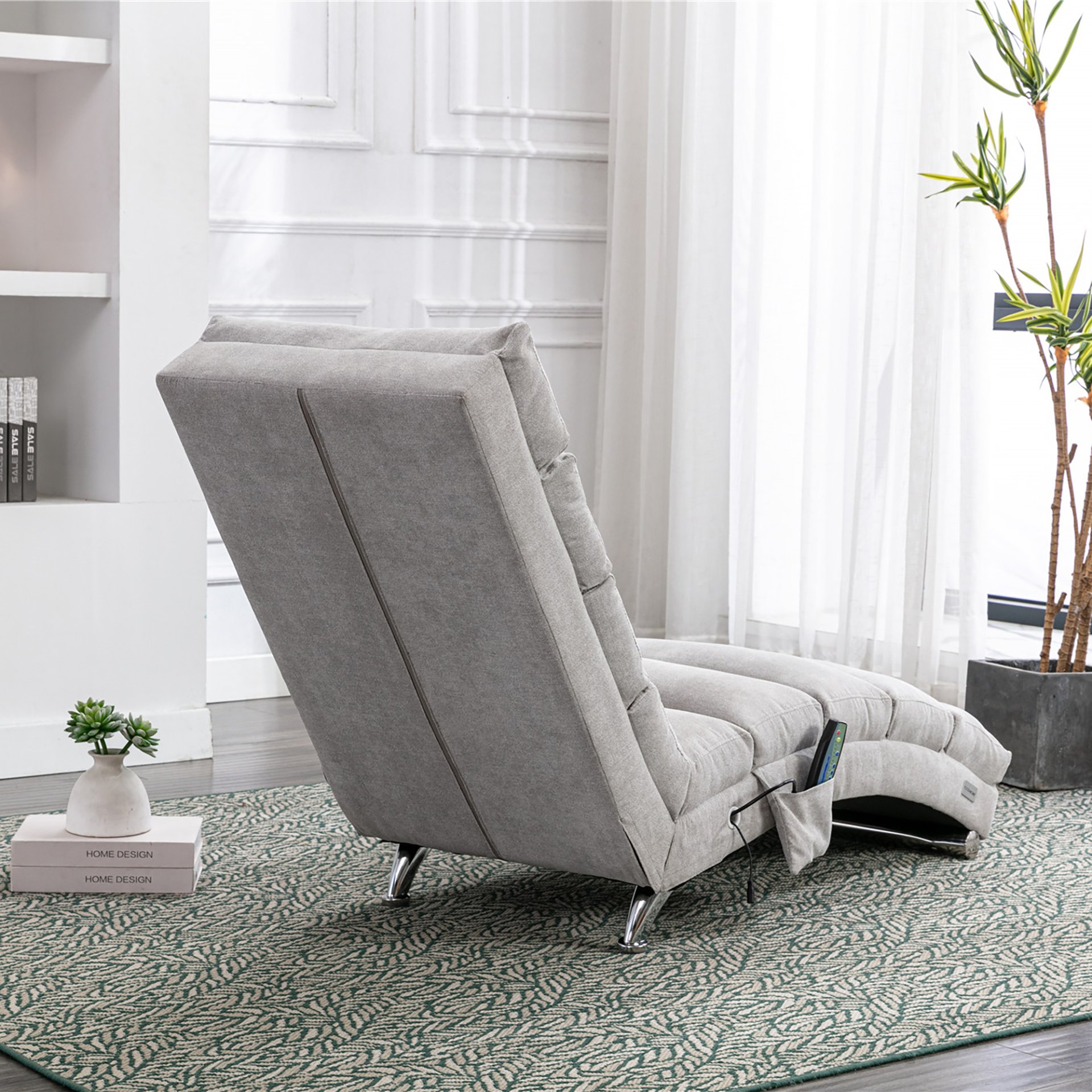 Linen Massage Chaise Lounge Indoor With Remote Control, Ergonomic Electric Massage Lounger With 5 Modes - Light Gray - Image 7