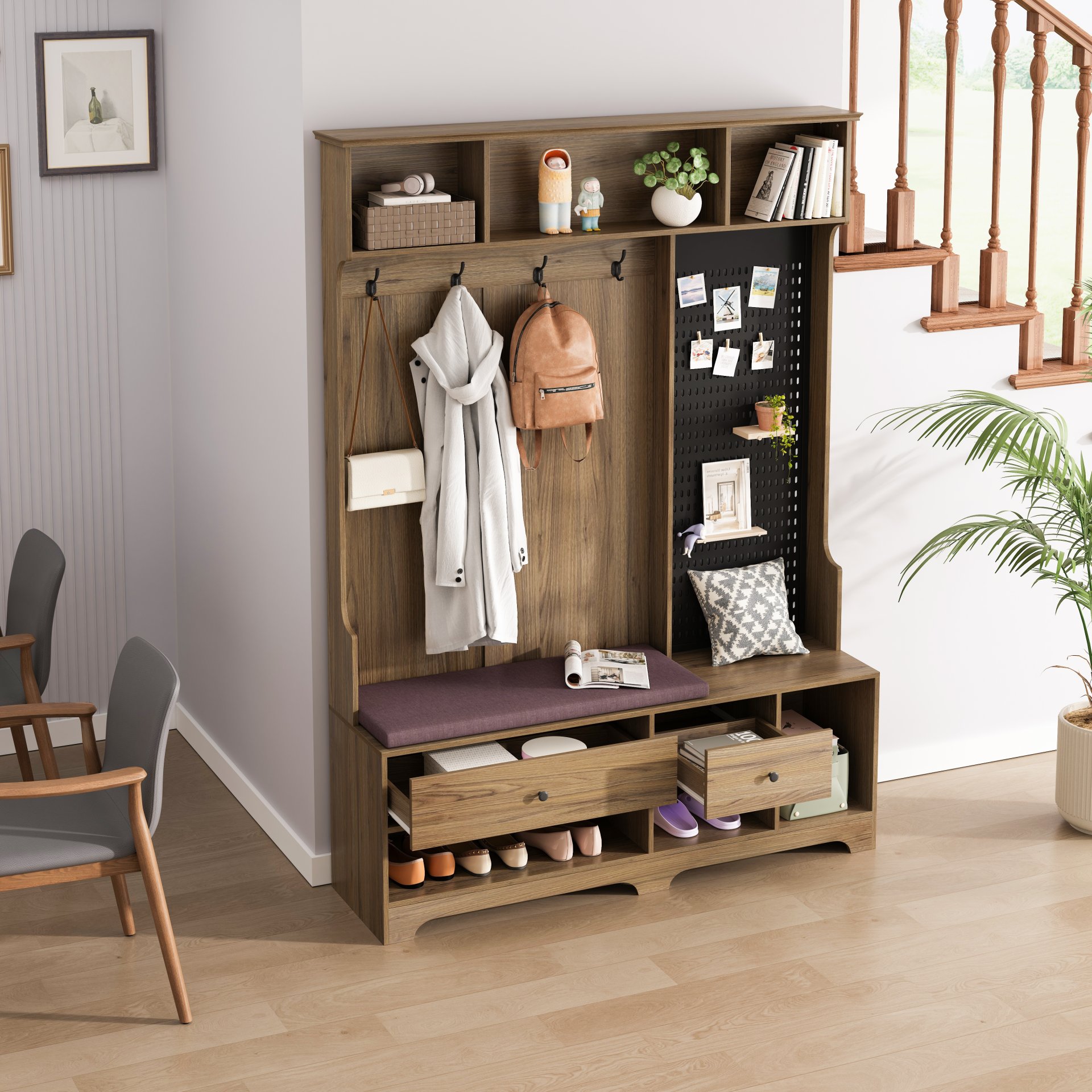 Hallway Hall Tree With Removable Cushion Bench, Coat Rack, Storage Shelves - Brown - Image 2